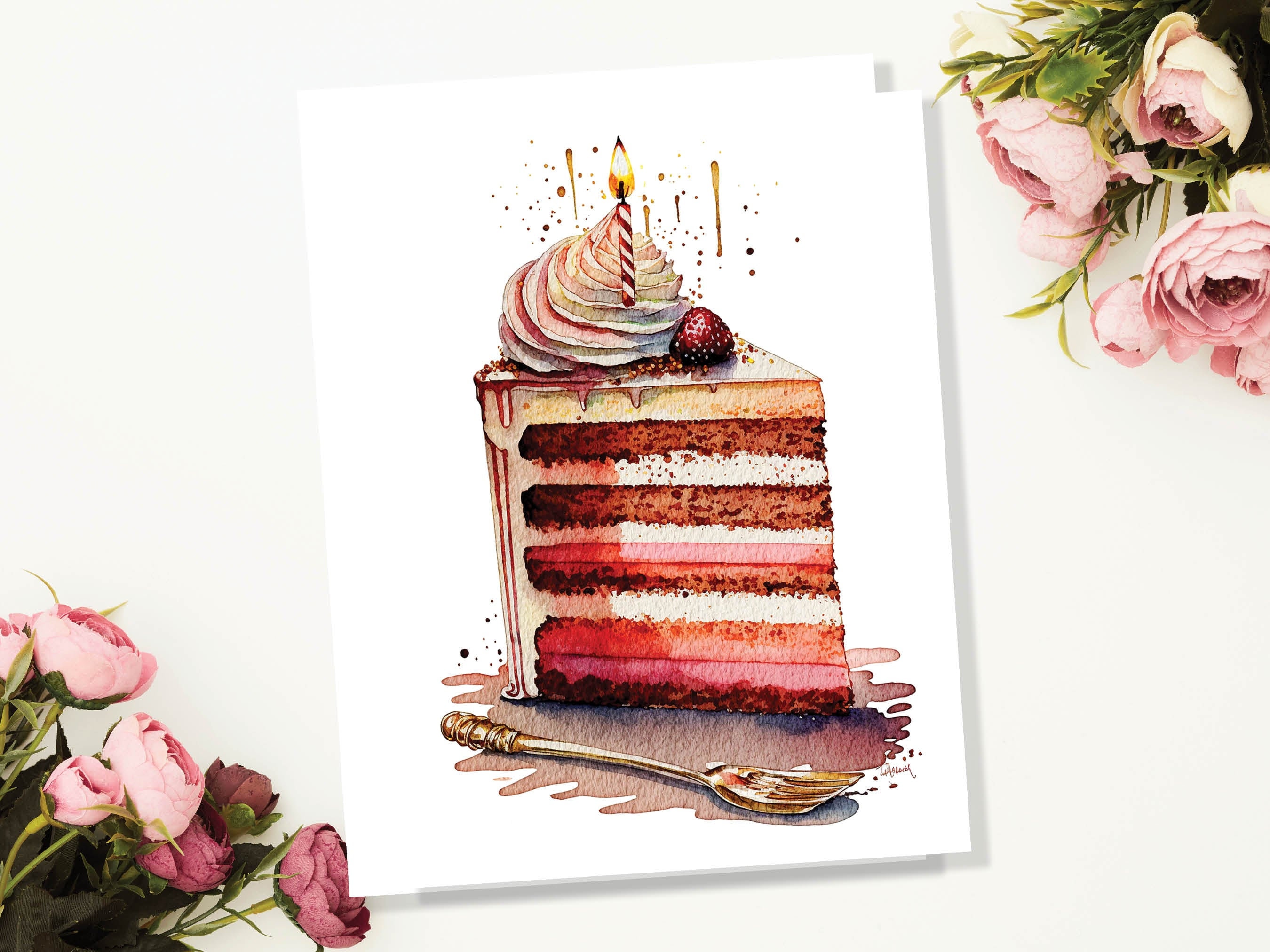 Birthday Cake Card Watercolour Painting Elegant Celebration Happy Wishes Slice of Layered Iced Sponge Candle Greeting Card for Friends BFF - View 3