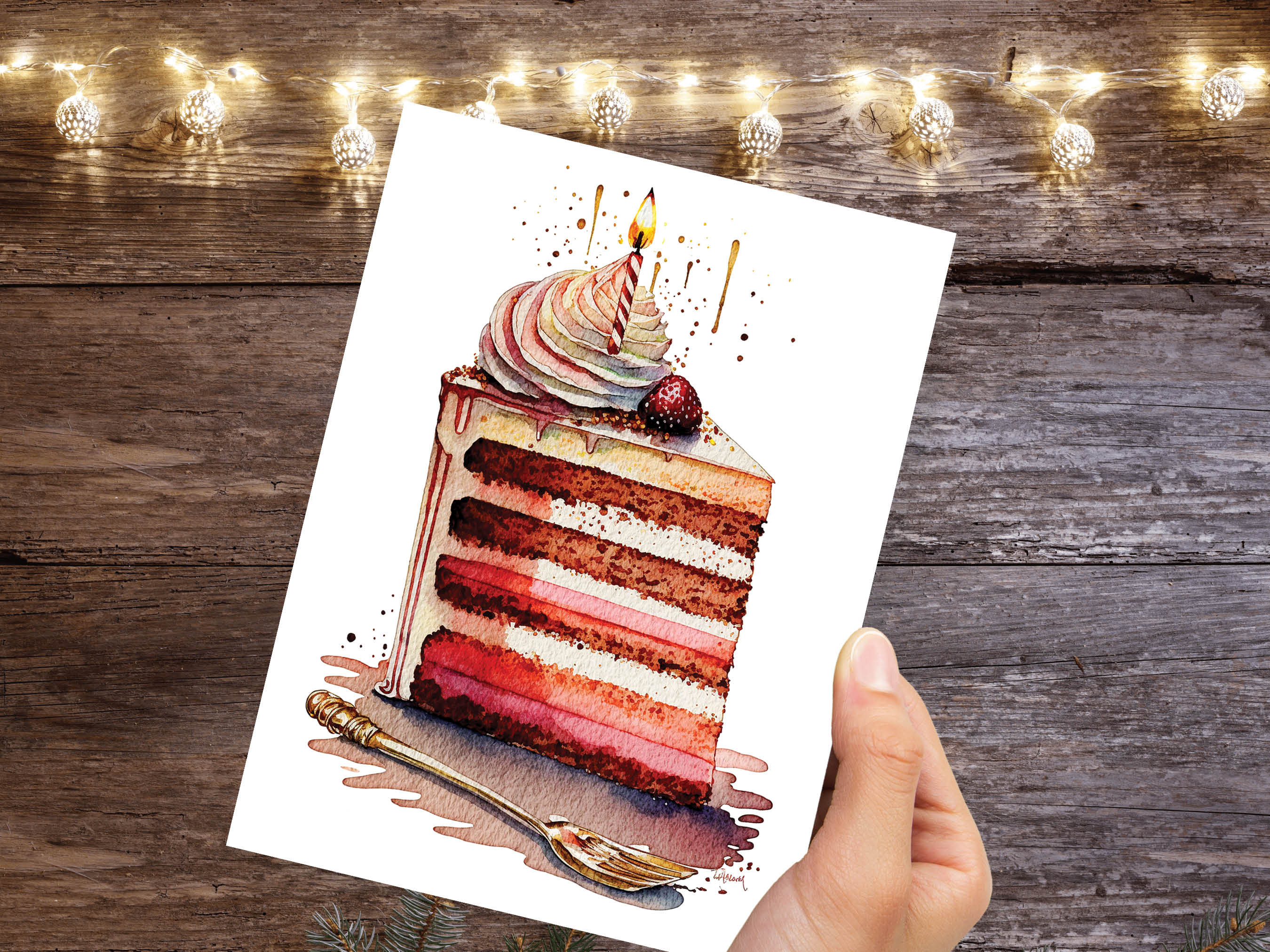 Birthday Cake Card Watercolour Painting Elegant Celebration Happy Wishes Slice of Layered Iced Sponge Candle Greeting Card for Friends BFF - View 5