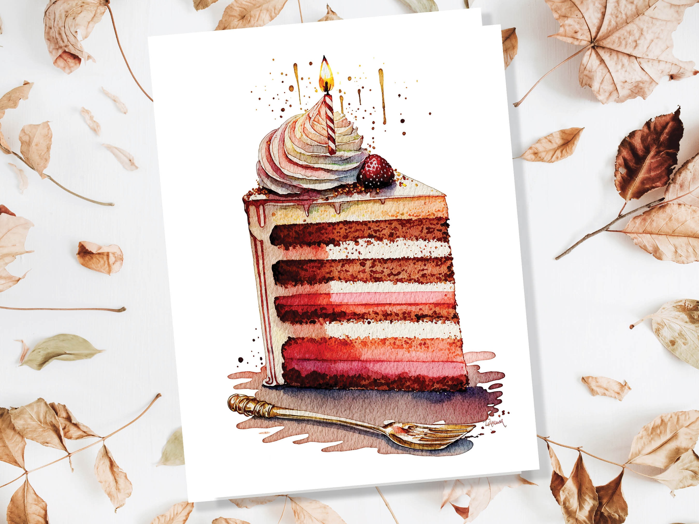Birthday Cake Card Watercolour Painting Elegant Celebration Happy Wishes Slice of Layered Iced Sponge Candle Greeting Card for Friends BFF - View 4