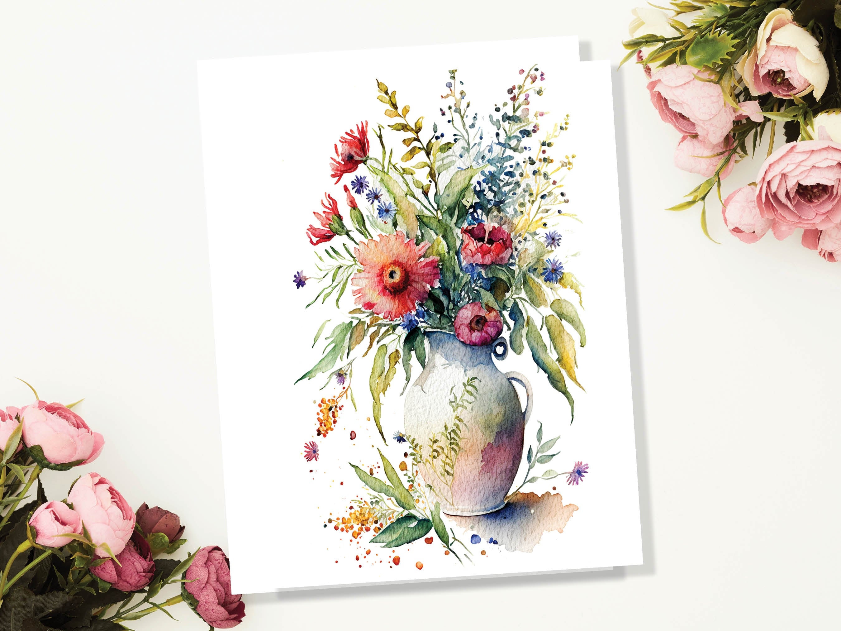 Whimsical Flowers in Vase Greeting Card Watercolour Painting Botanical Flower Note Cards Thank You Any Occasion Florist Romantic Wife Floral - View 3
