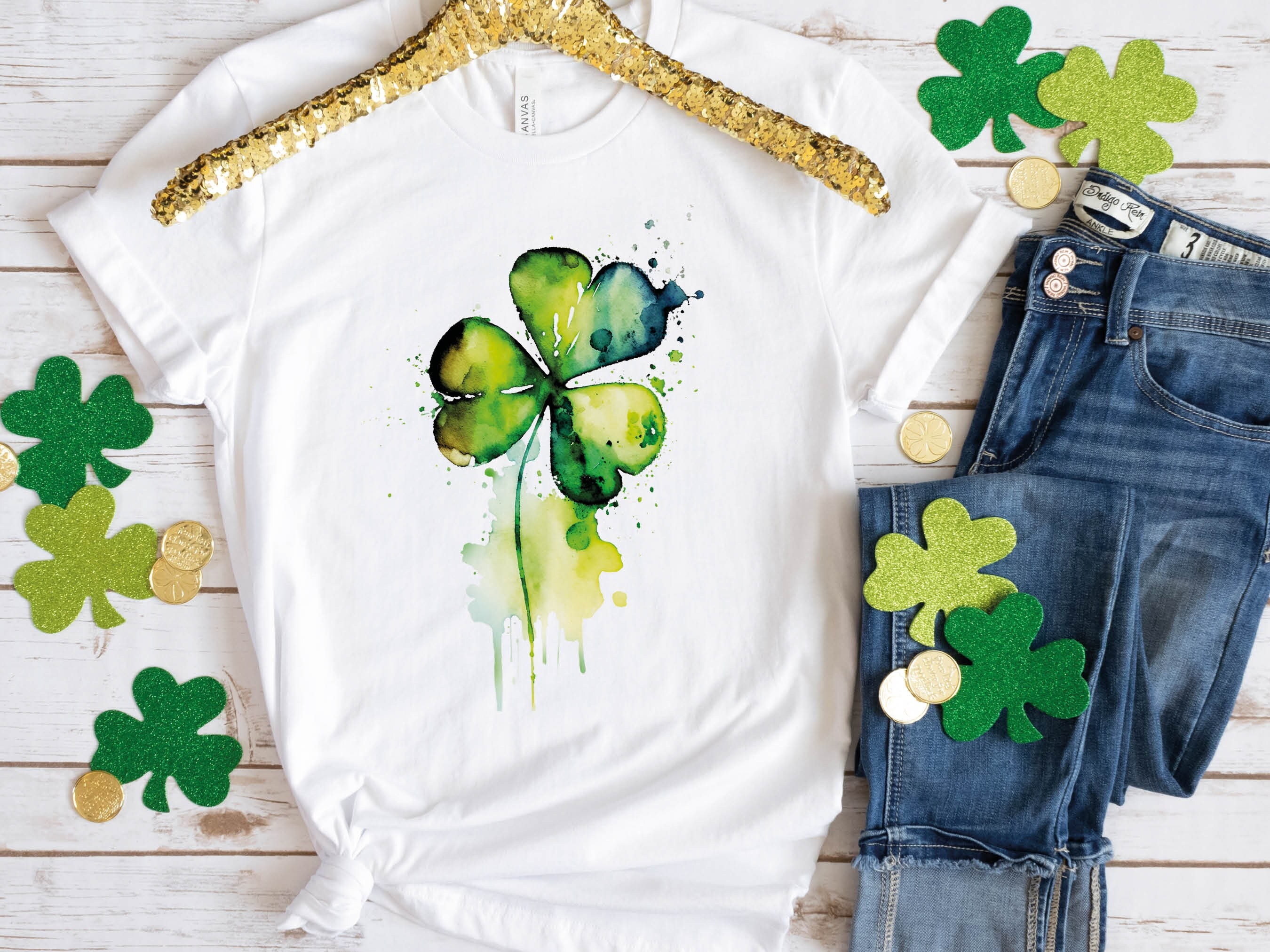 Shamrock Shirt St Patricks Day T-Shirt Vibrant Green Watercolour Painting Lucky Irish Clover Ireland Gift Minimal Elegant Messy Art Tee Leaf - View 2