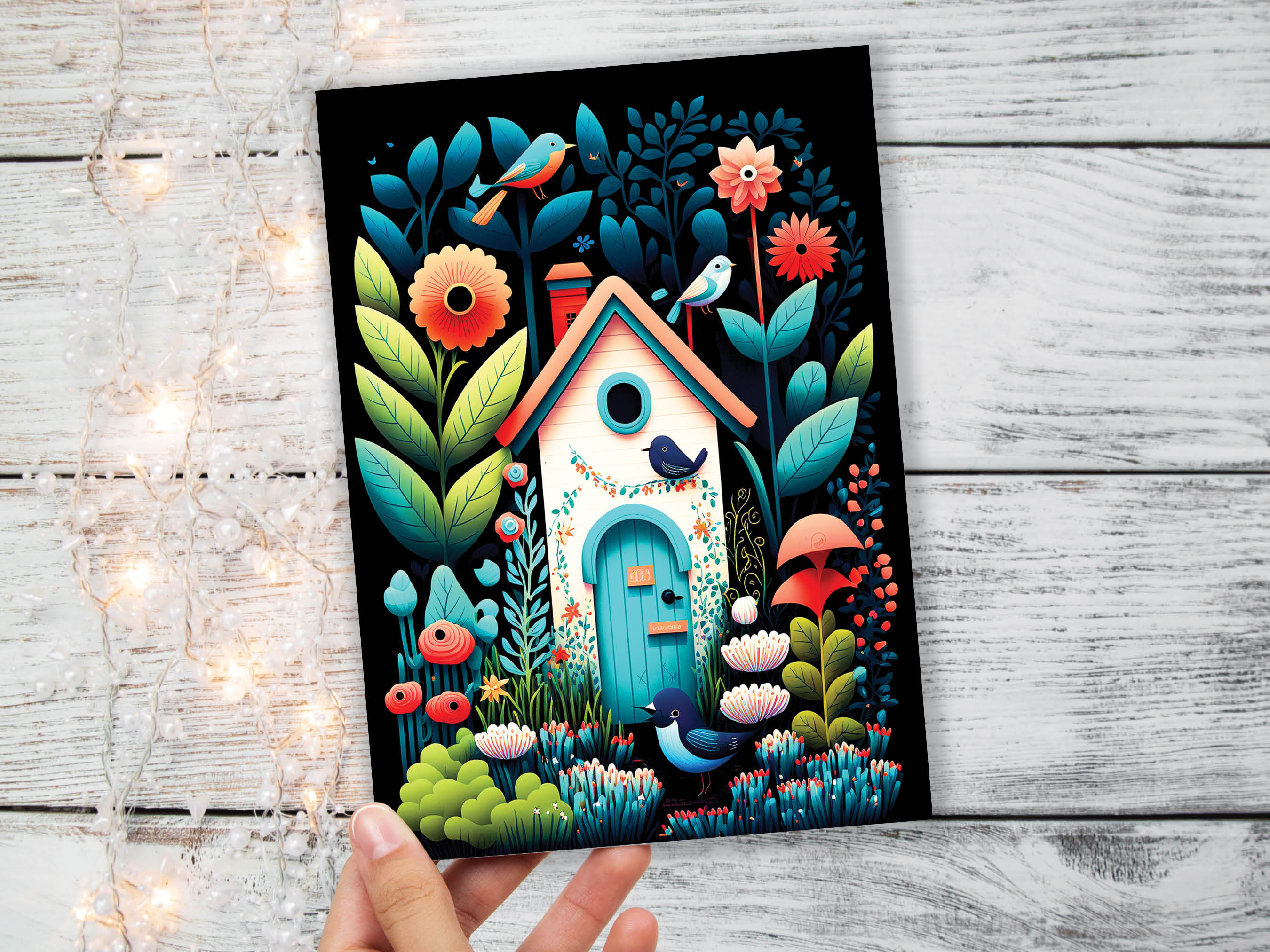 Folk Art House Greeting Card Whimsical Garden Housewarming New Home Moving House Gardening Gardeners Thank You Just Because Colourful Cards - View 2