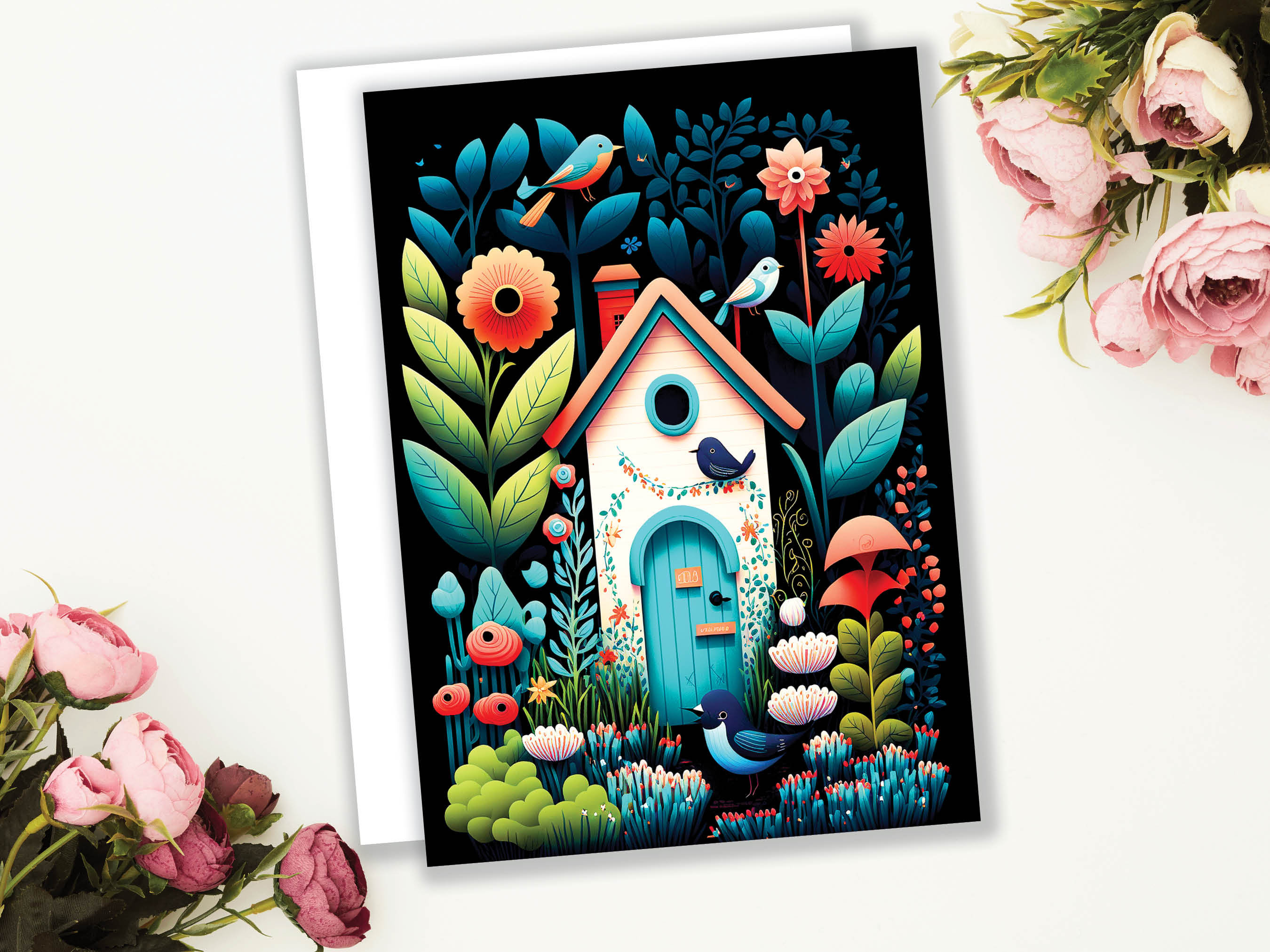 Folk Art House Greeting Card Whimsical Garden Housewarming New Home Moving House Gardening Gardeners Thank You Just Because Colourful Cards - View 5