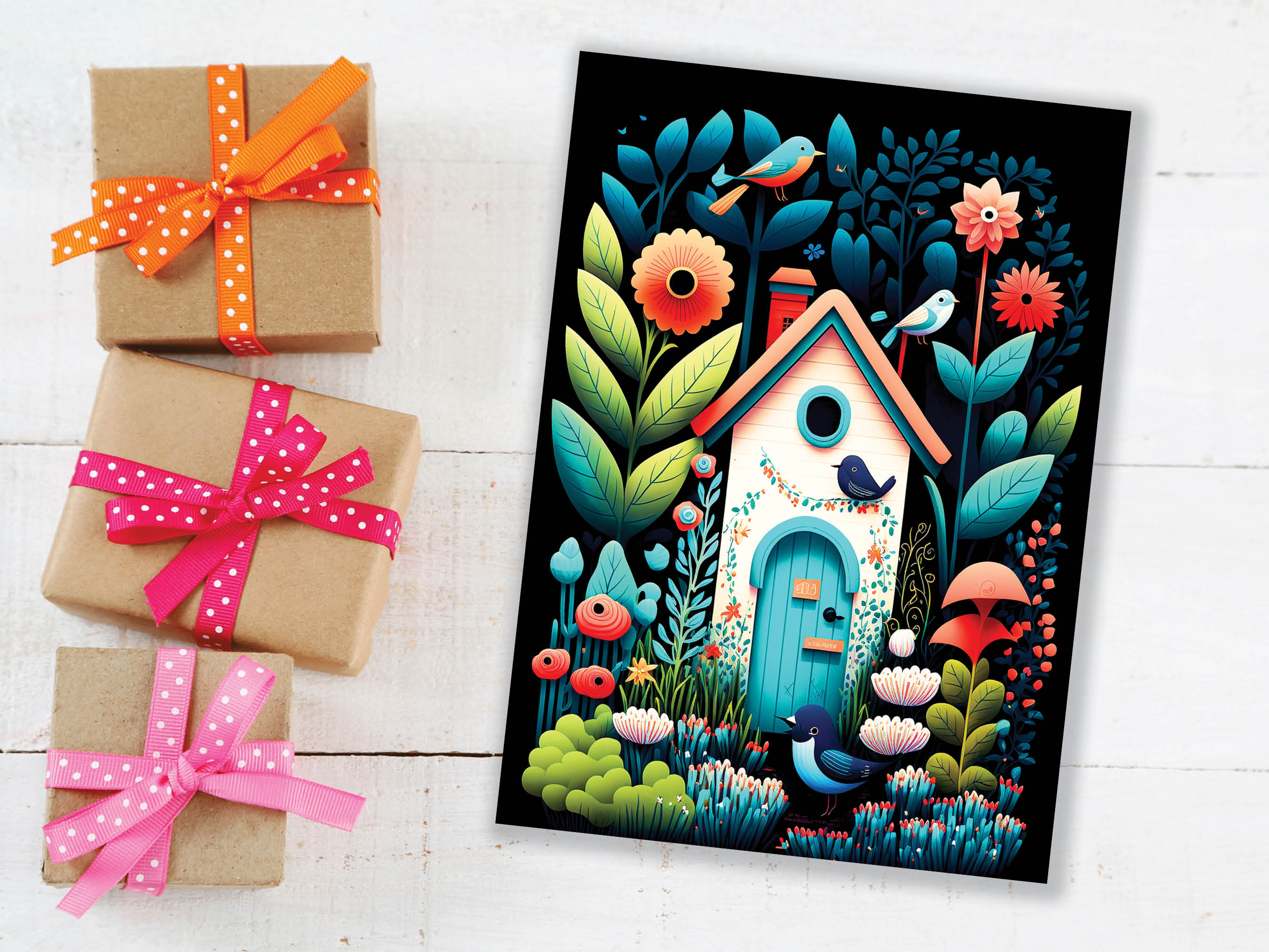 Folk Art House Greeting Card Whimsical Garden Housewarming New Home Moving House Gardening Gardeners Thank You Just Because Colourful Cards - View 7