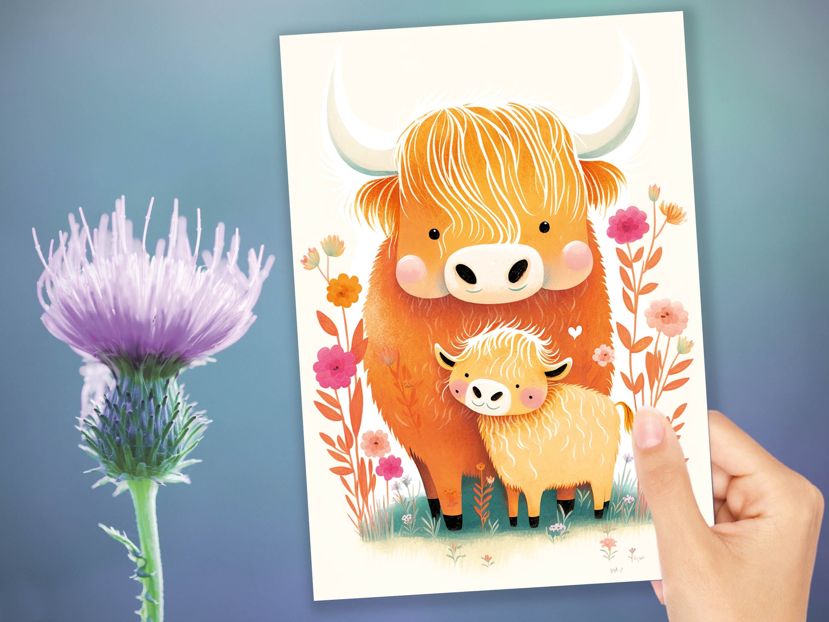 Mother and Baby Highland Cow Illustration Greeting Card Mother's Day Baby Shower Mum Mom Birthday Cards Cute Scottish Heilan Muckle Coo Coos - View 9