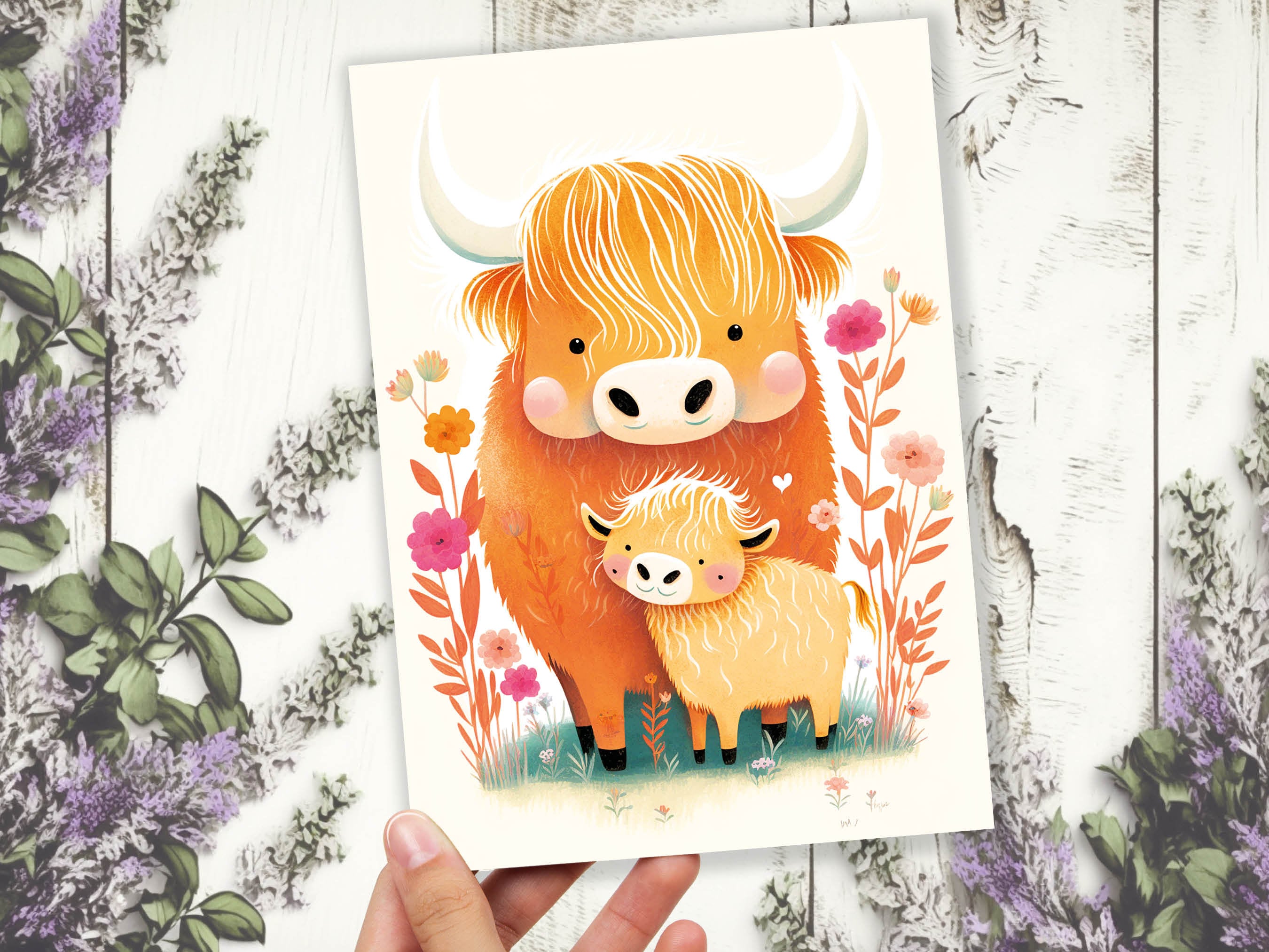 Mother and Baby Highland Cow Illustration Greeting Card Mother's Day Baby Shower Mum Mom Birthday Cards Cute Scottish Heilan Muckle Coo Coos - View 3