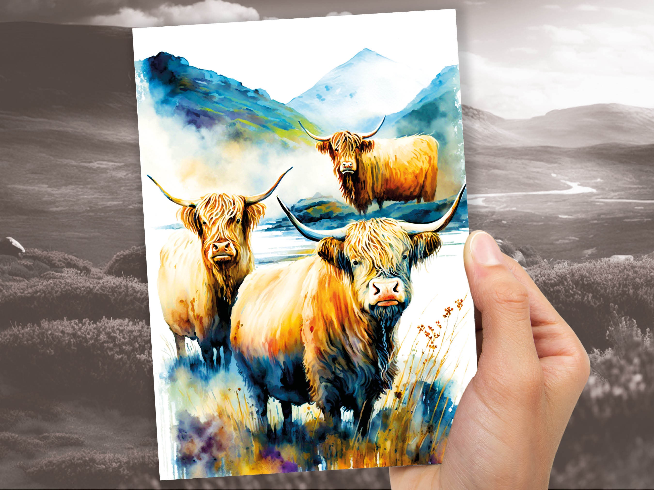 Watercolor Highland Cow Greeting Card Summer Landscape Nature Lovers Cow Enthusiasts Scottish Countryside Birthday Thank You Just Because - View 8