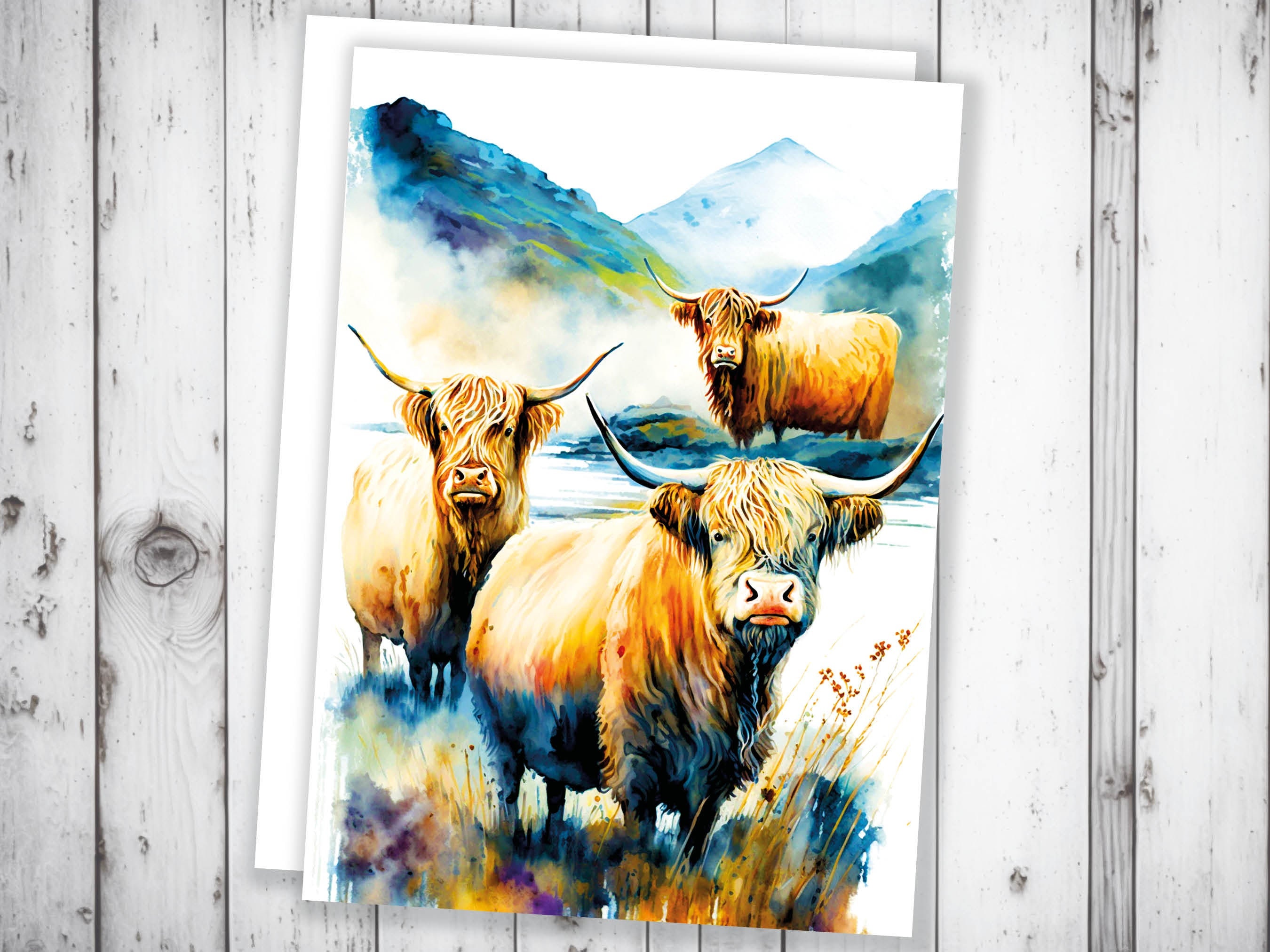 Watercolor Highland Cow Greeting Card Summer Landscape Nature Lovers Cow Enthusiasts Scottish Countryside Birthday Thank You Just Because - View 7