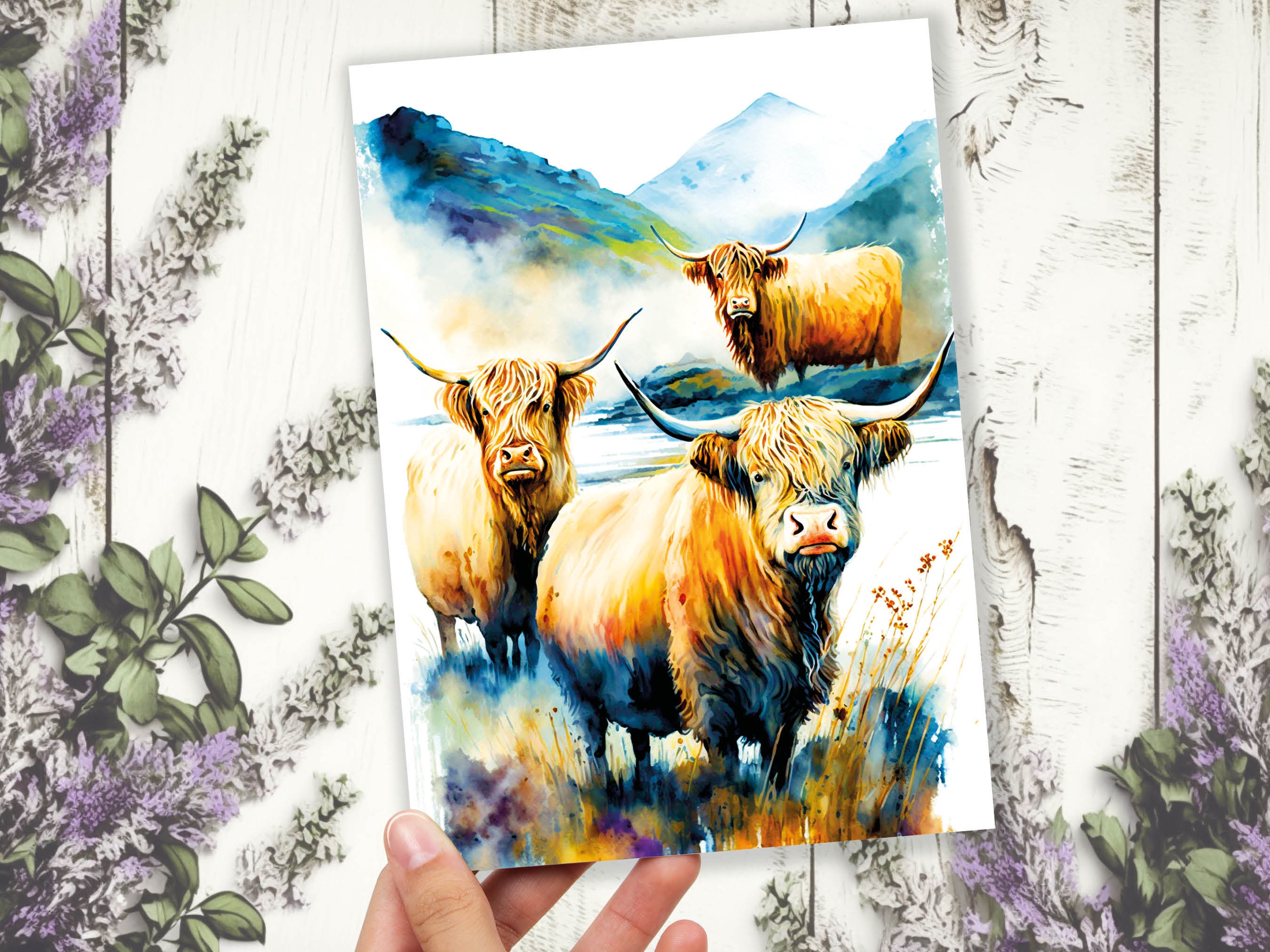 Watercolor Highland Cow Greeting Card Summer Landscape Nature Lovers Cow Enthusiasts Scottish Countryside Birthday Thank You Just Because - View 4
