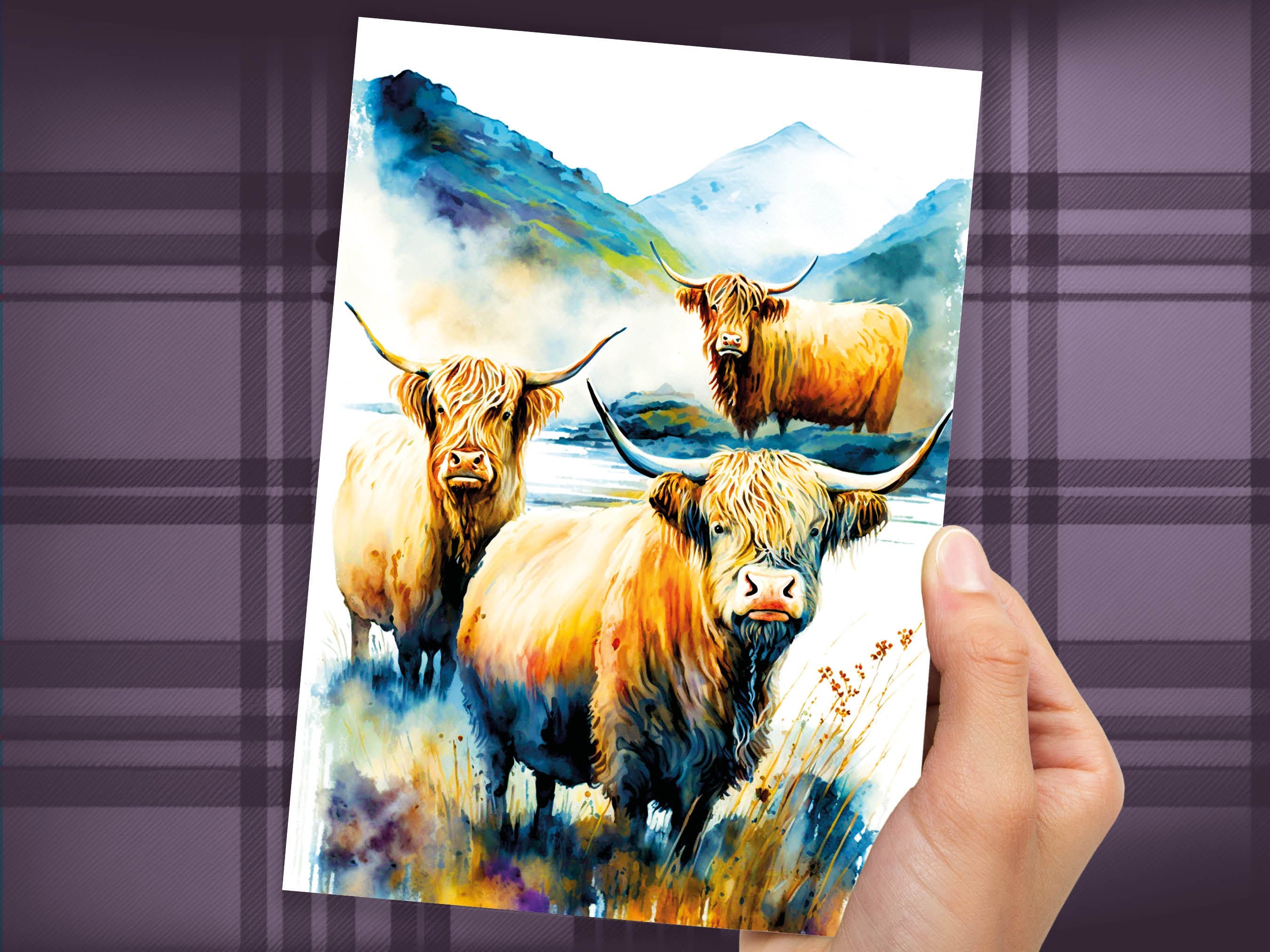 Watercolor Highland Cow Greeting Card Summer Landscape Nature Lovers Cow Enthusiasts Scottish Countryside Birthday Thank You Just Because - View 5