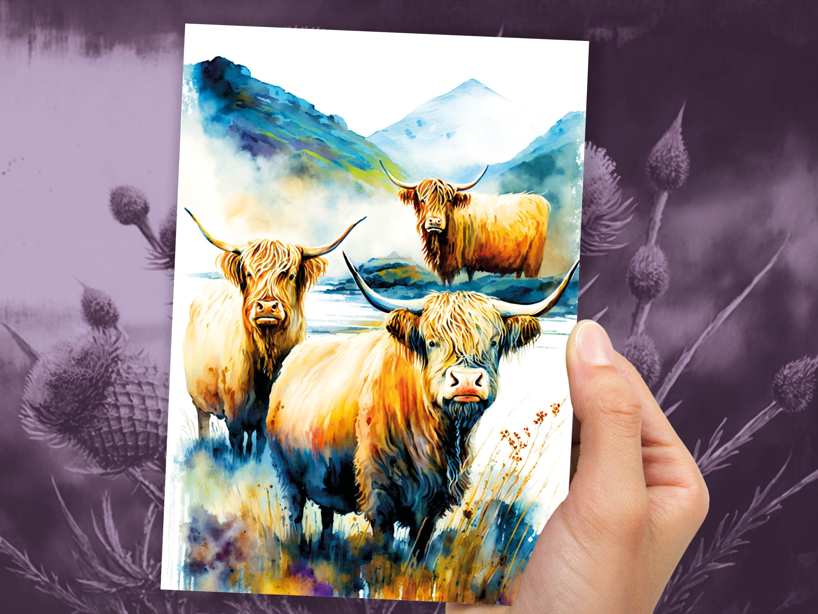 Watercolor Highland Cow Greeting Card Summer Landscape Nature Lovers Cow Enthusiasts Scottish Countryside Birthday Thank You Just Because - View 9