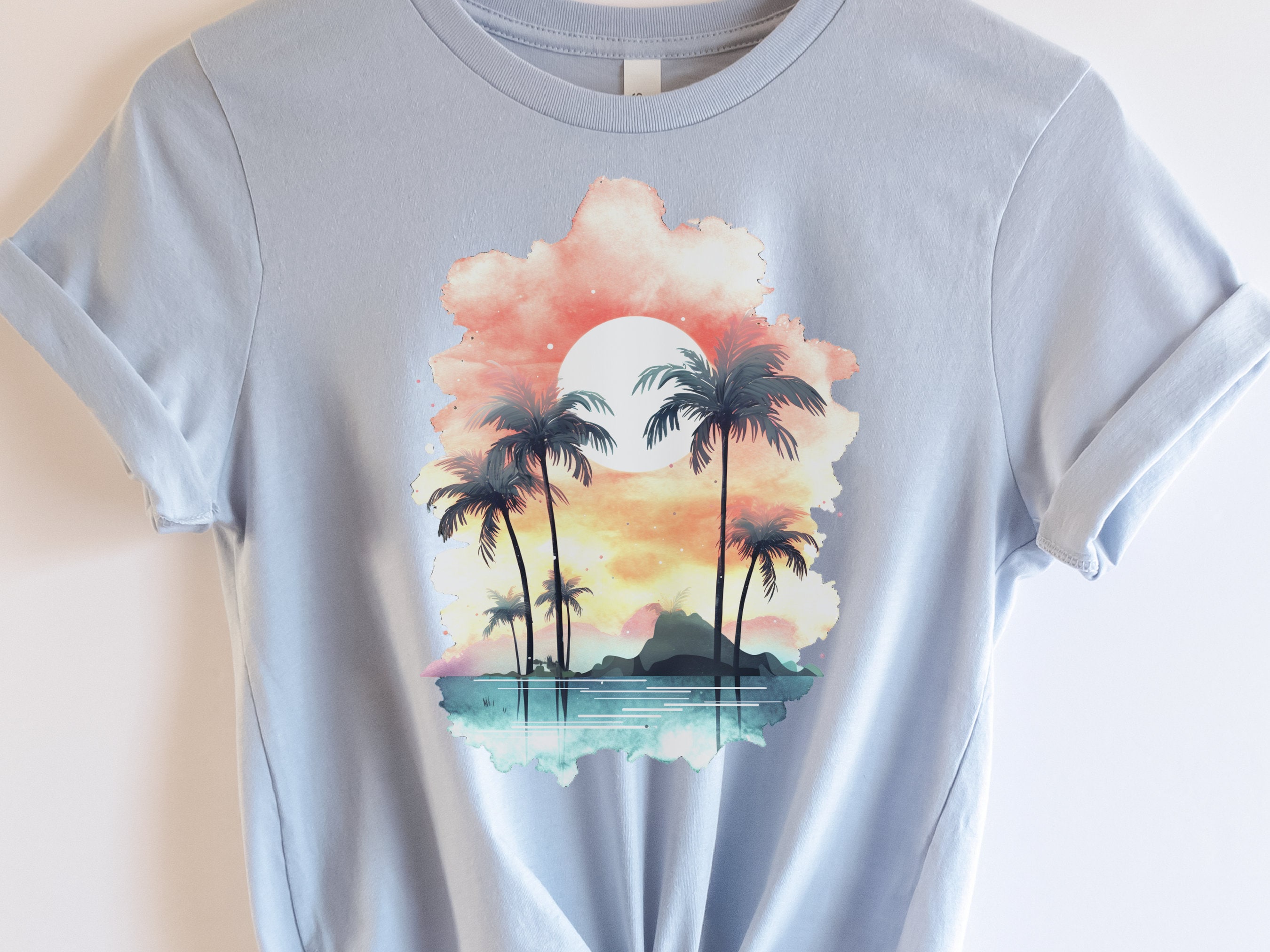 Tropical Sunset Watercolour T-Shirt Landscape Vacation Holiday Shirt Desert Island Travel Getaway Beach Vibes Palm Trees Sun Sea Sand Sky - View 6