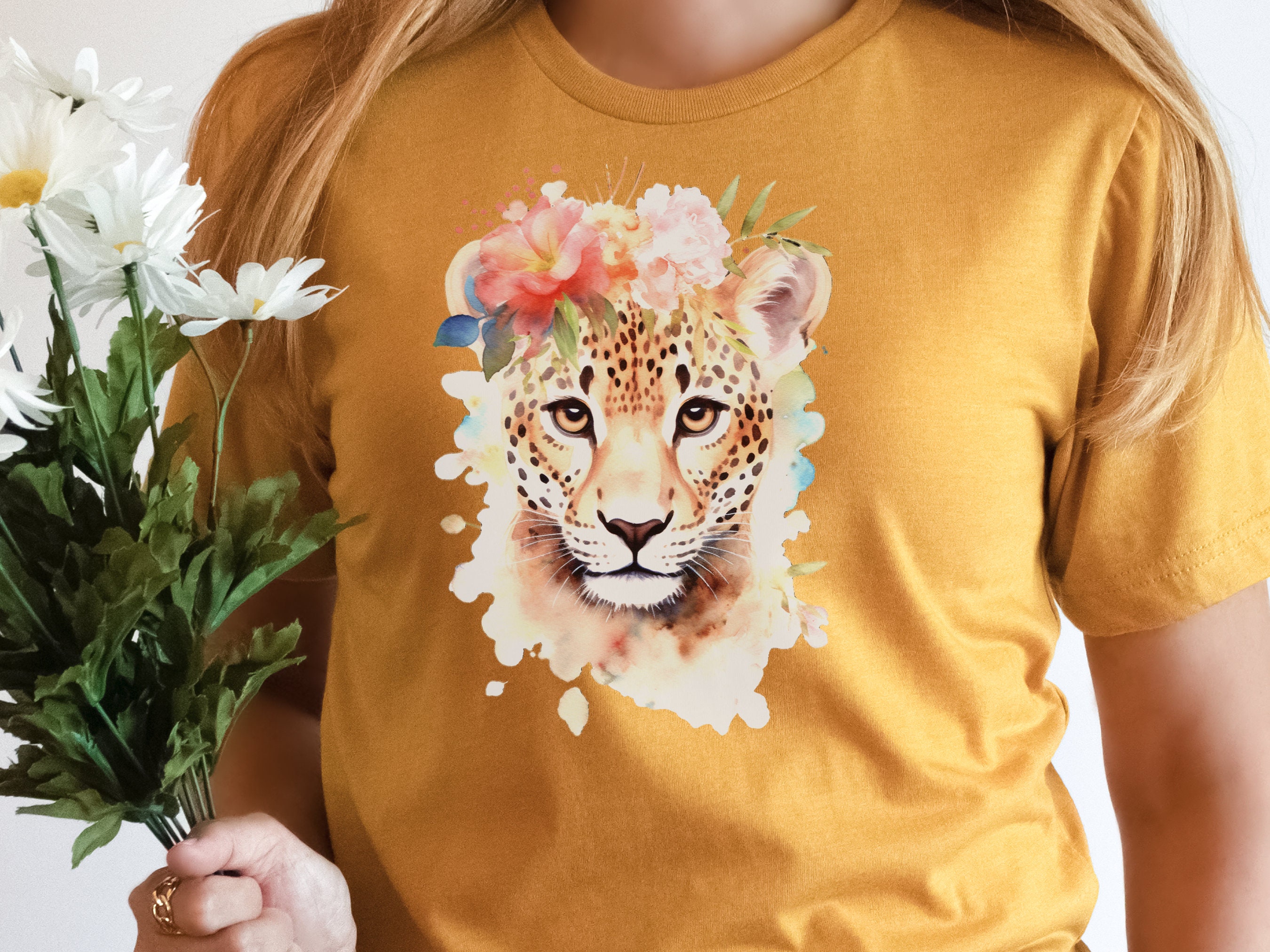 Jaguar Tshirt for Women Pink Flowers Tee Wild Animal Print Jungle Big Cat Lovers Unique Watercolour Design Cute Nature T-Shirt Floral Shirt - View 7