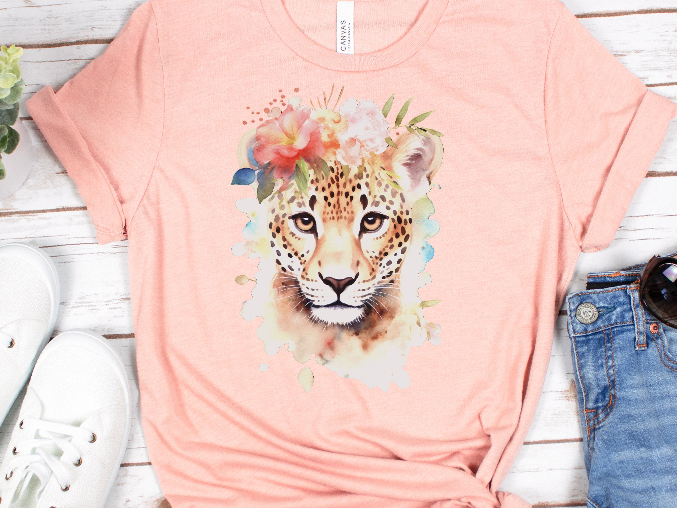 Jaguar Tshirt for Women Pink Flowers Tee Wild Animal Print Jungle Big Cat Lovers Unique Watercolour Design Cute Nature T-Shirt Floral Shirt - View 6