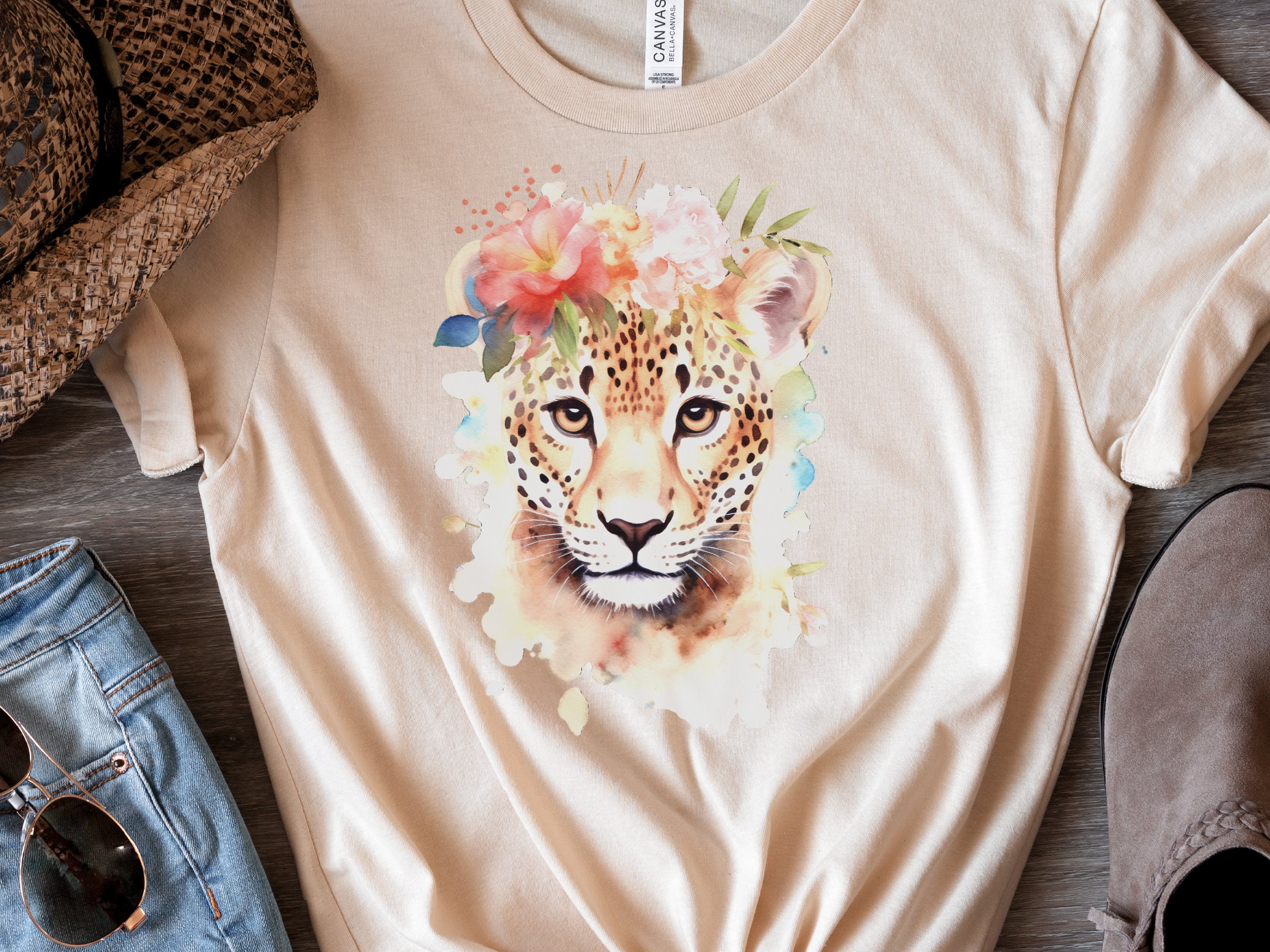 Jaguar Tshirt for Women Pink Flowers Tee Wild Animal Print Jungle Big Cat Lovers Unique Watercolour Design Cute Nature T-Shirt Floral Shirt - View 3