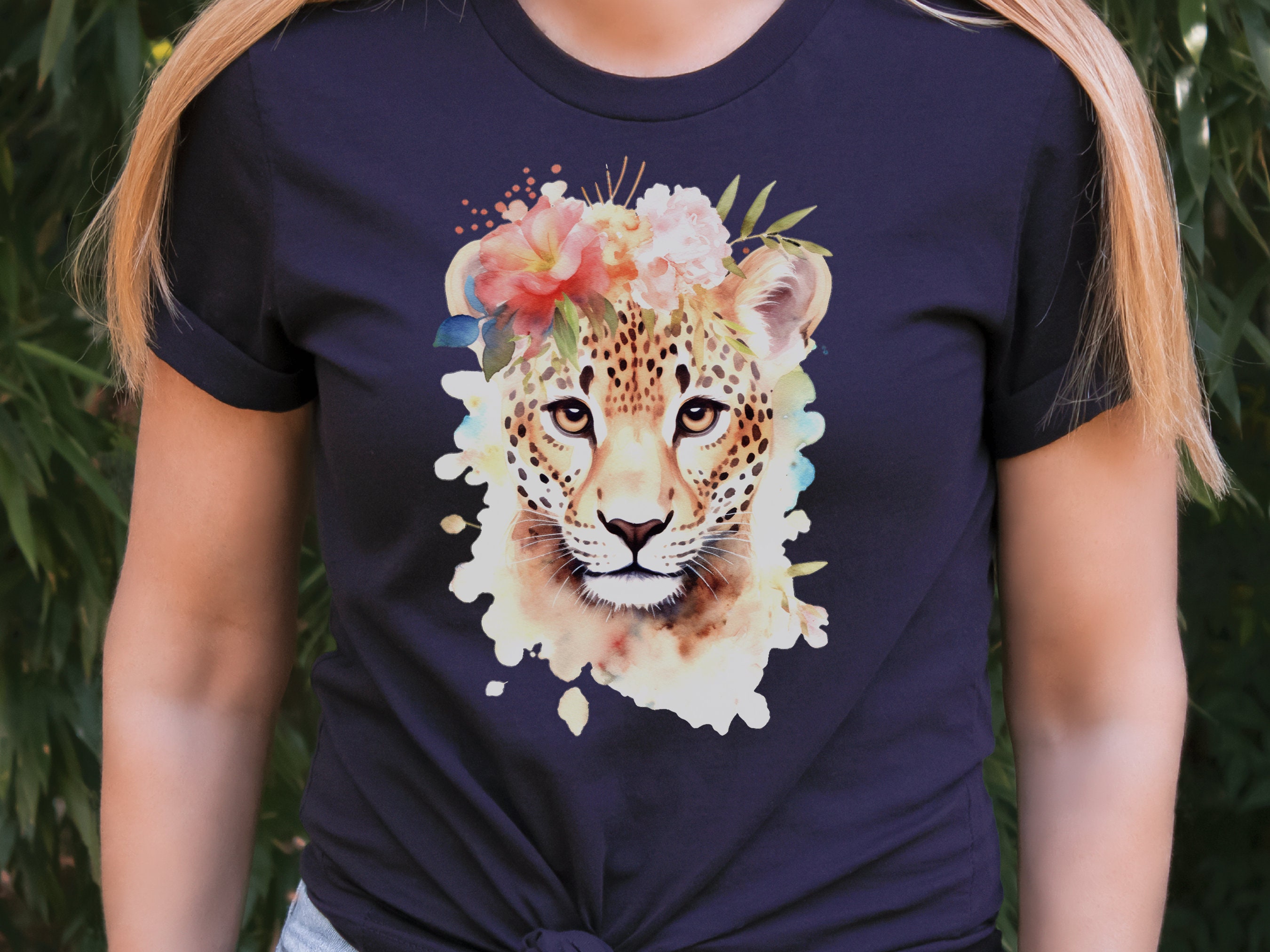 Jaguar Tshirt for Women Pink Flowers Tee Wild Animal Print Jungle Big Cat Lovers Unique Watercolour Design Cute Nature T-Shirt Floral Shirt - View 2
