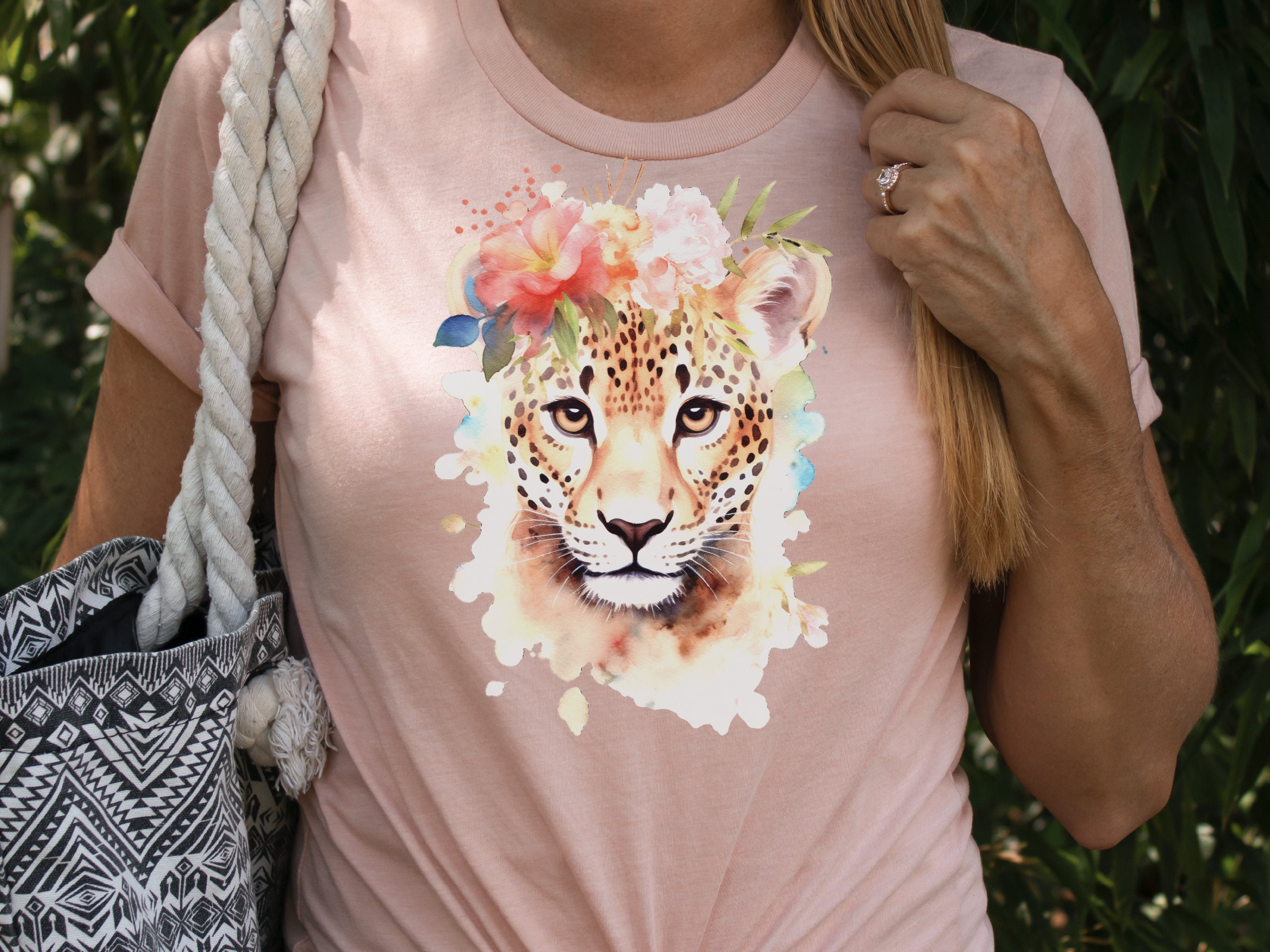Jaguar Tshirt for Women Pink Flowers Tee Wild Animal Print Jungle Big Cat Lovers Unique Watercolour Design Cute Nature T-Shirt Floral Shirt - View 8