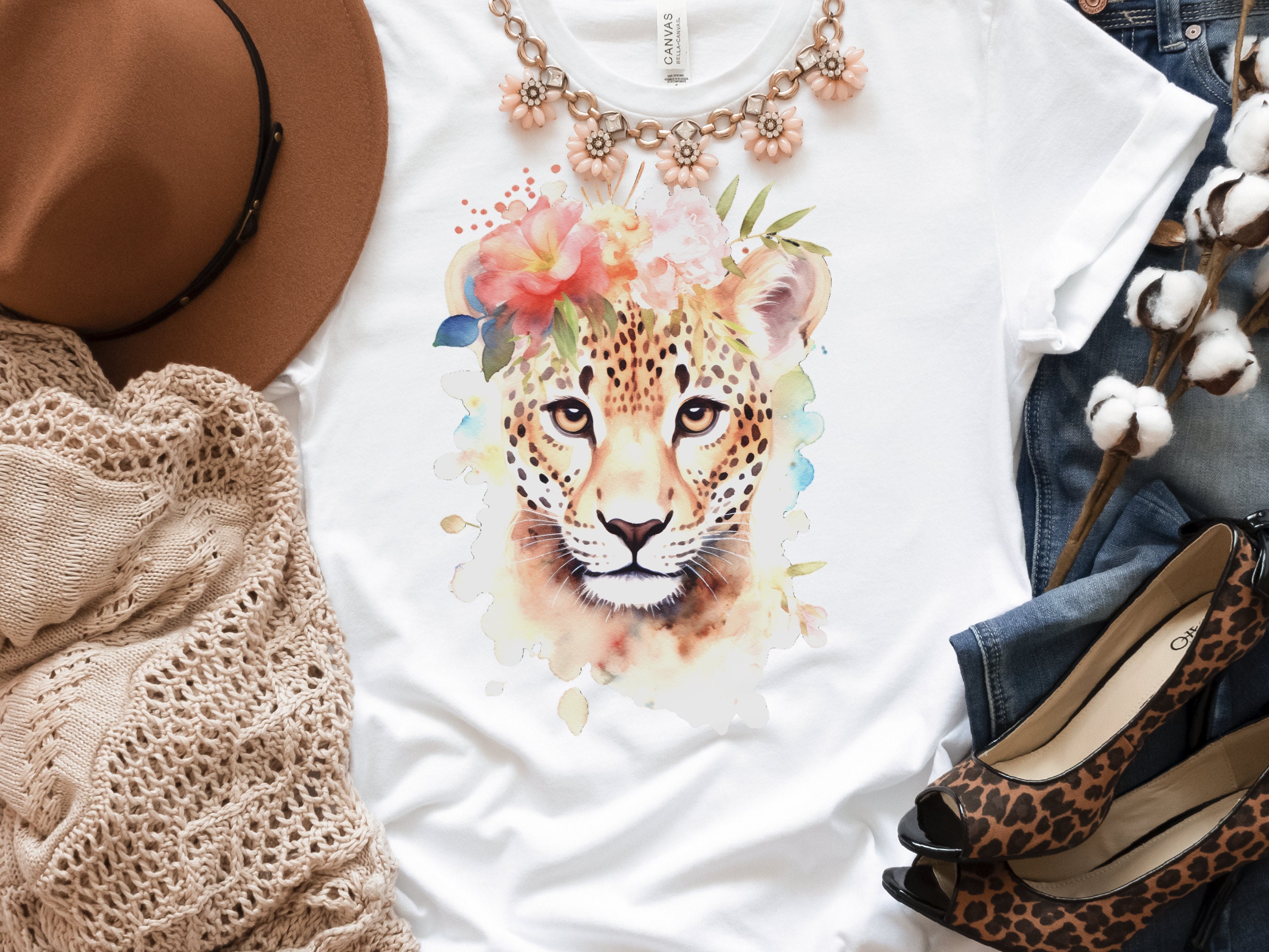 Jaguar Tshirt for Women Pink Flowers Tee Wild Animal Print Jungle Big Cat Lovers Unique Watercolour Design Cute Nature T-Shirt Floral Shirt - View 5