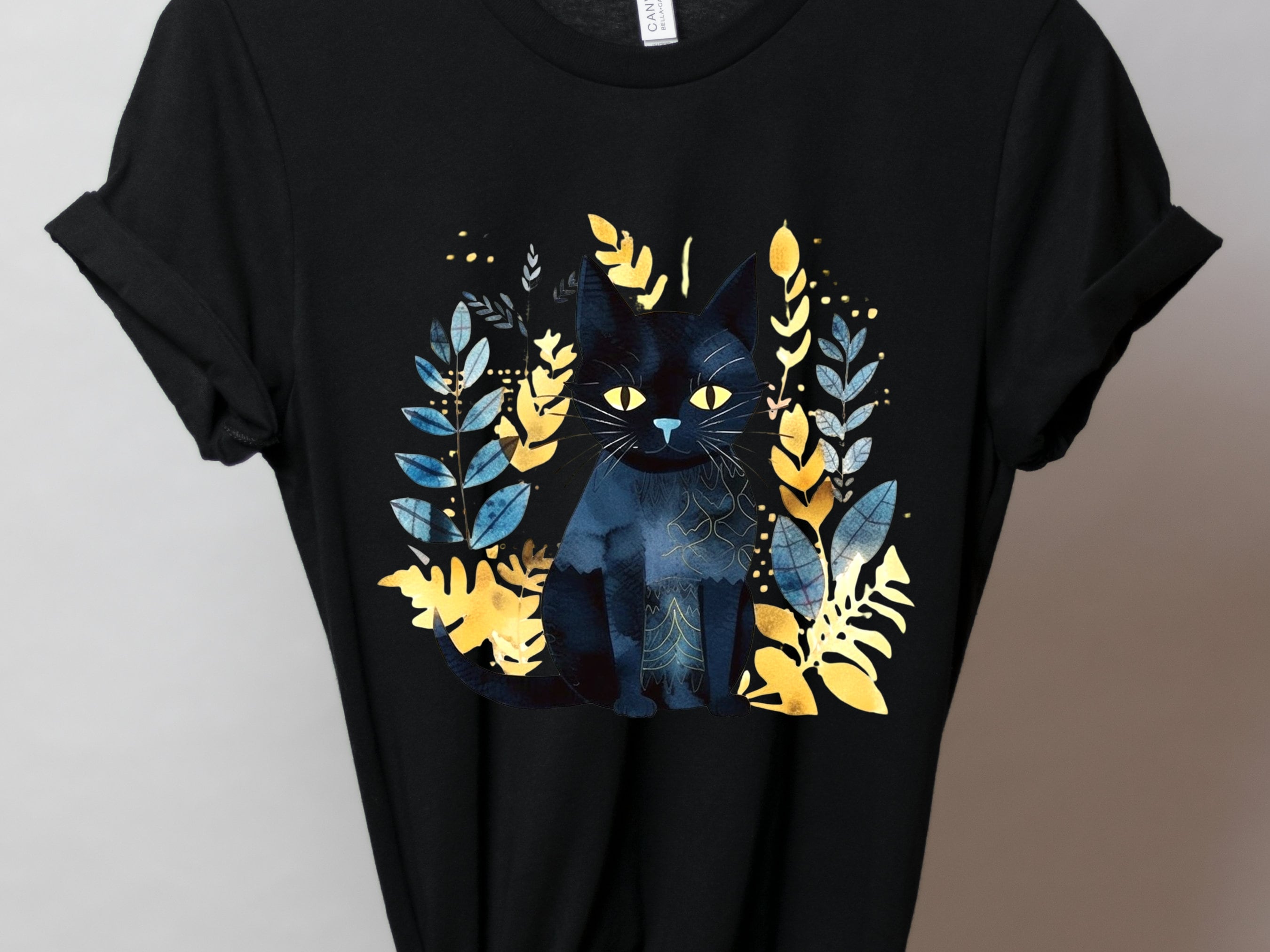 Black Cat Shirt Mystical Boho Watercolour T-Shirt Cat Lover Gift for Cat Mom Witchy Vibes Tee Folk Art Sustainable Cotton Tshirt for Her - View 5