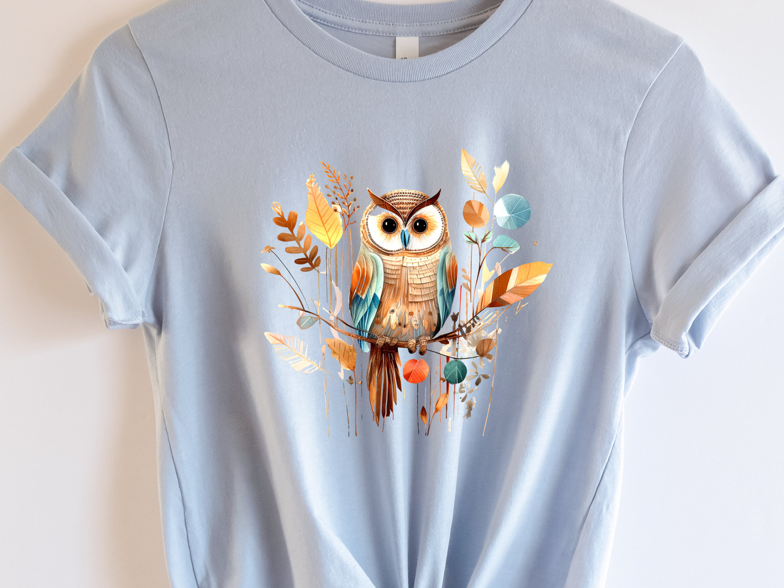 Cute Folk Art Owl Shirt Botanical Patchwork Bird T-Shirt Neutral Owl Lovers Gift for Her Floral Ornithologist Tee Sustainable Organic Cotton - View 3