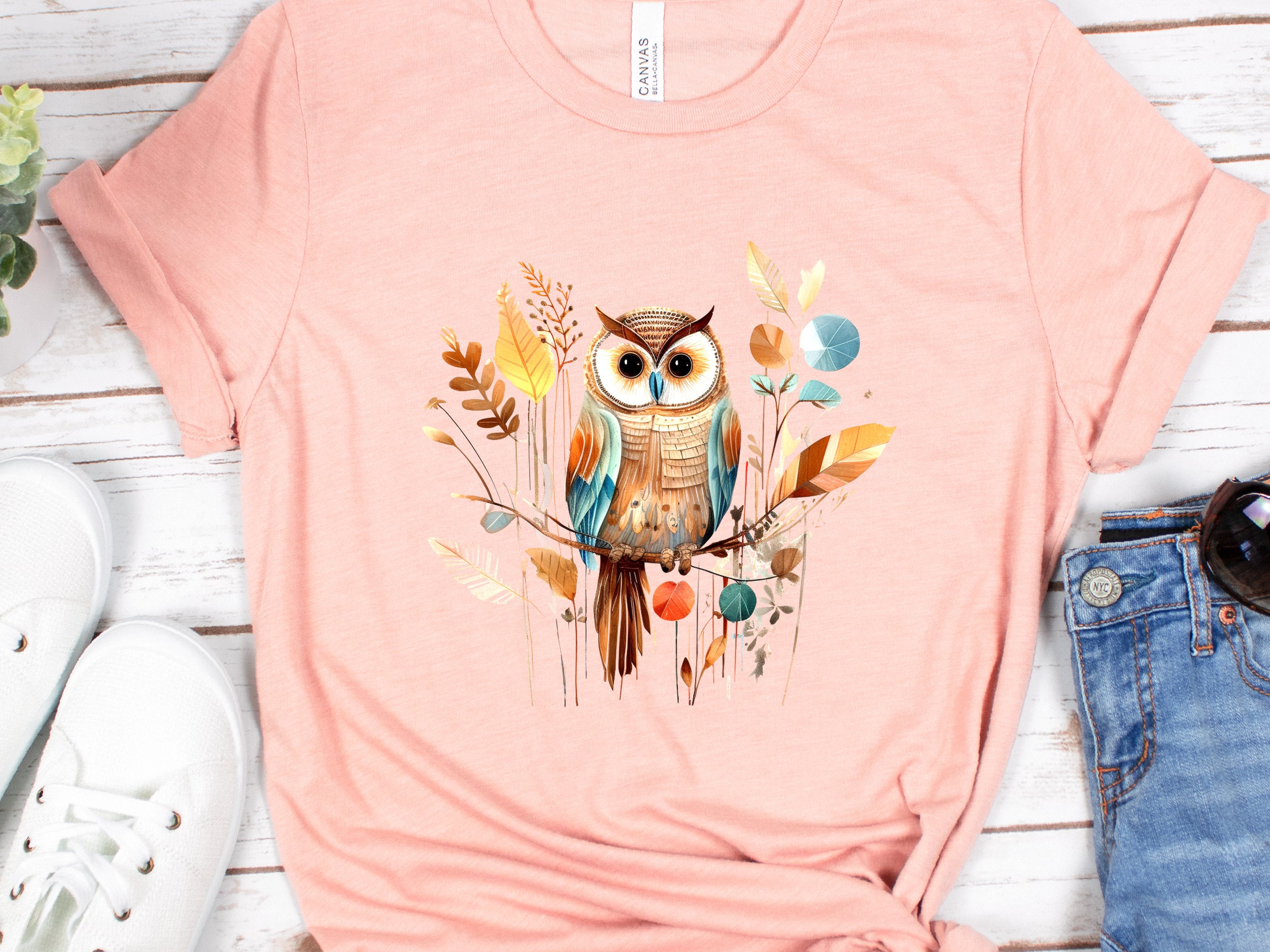 Cute Folk Art Owl Shirt Botanical Patchwork Bird T-Shirt Neutral Owl Lovers Gift for Her Floral Ornithologist Tee Sustainable Organic Cotton - View 5