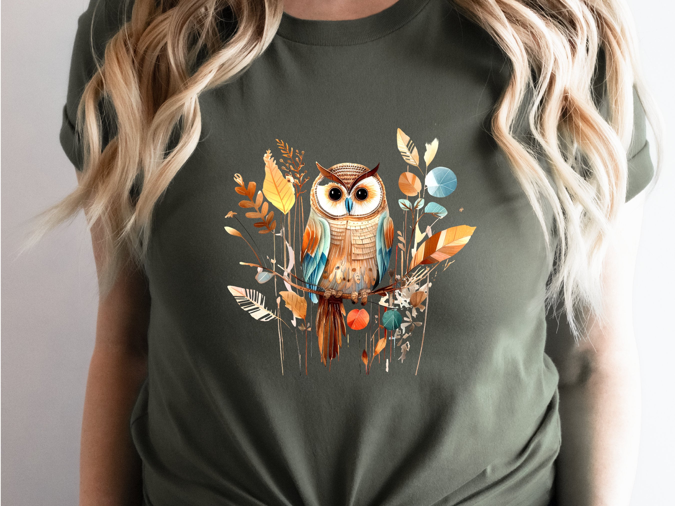 Cute Folk Art Owl Shirt Botanical Patchwork Bird T-Shirt Neutral Owl Lovers Gift for Her Floral Ornithologist Tee Sustainable Organic Cotton - View 2