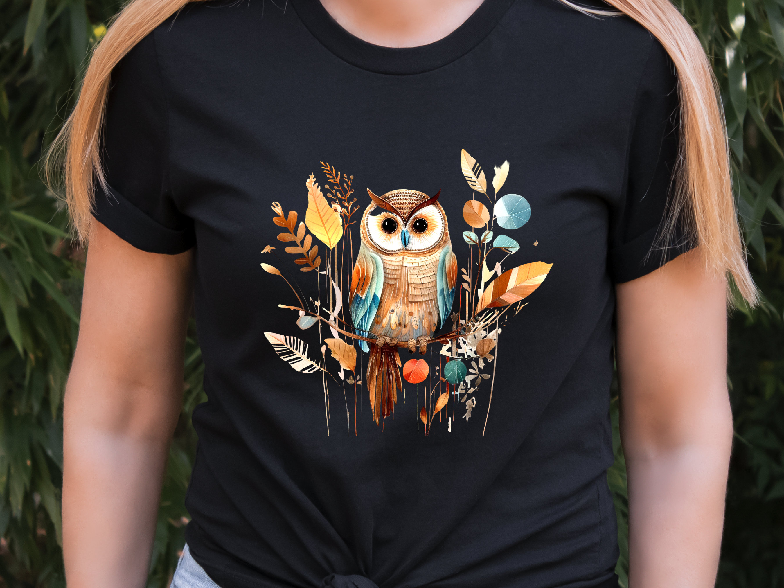Cute Folk Art Owl Shirt Botanical Patchwork Bird T-Shirt Neutral Owl Lovers Gift for Her Floral Ornithologist Tee Sustainable Organic Cotton - View 6