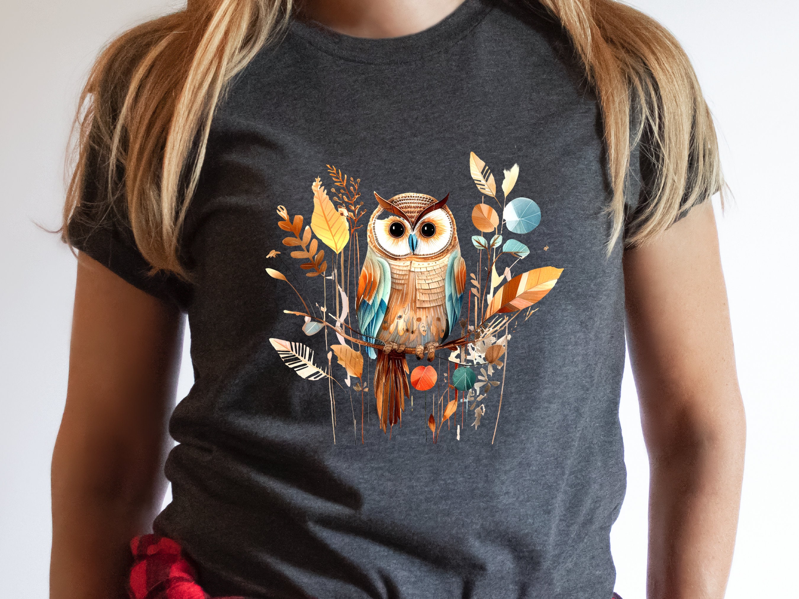 Cute Folk Art Owl Shirt Botanical Patchwork Bird T-Shirt Neutral Owl Lovers Gift for Her Floral Ornithologist Tee Sustainable Organic Cotton - View 4