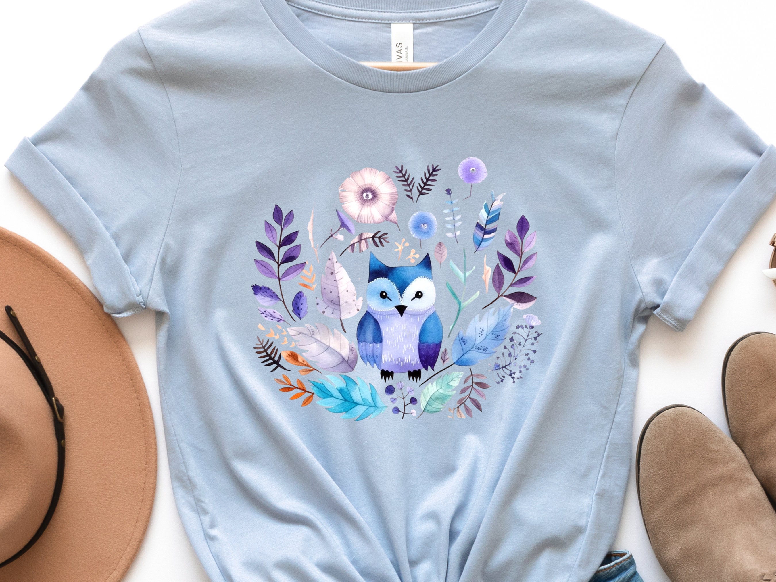 Cute Owl Shirt Enchanted Boho Owl Watercolour T-Shirt in Purple Blue Nature Lover Gift for Bird Lovers Wisdom Shirt Ornithology Tee for Her - View 4
