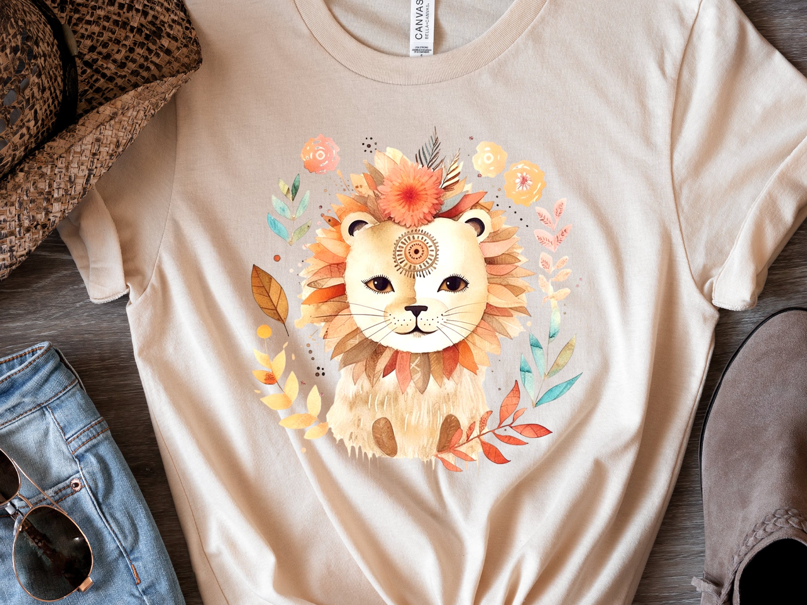 Cute Lion Shirt King of the Jungle Tshirt Exotic Animal Kingdom Safari Tee Boho Watercolour Floral Illustration Wild Fierce Big Cat Lovers - View 2