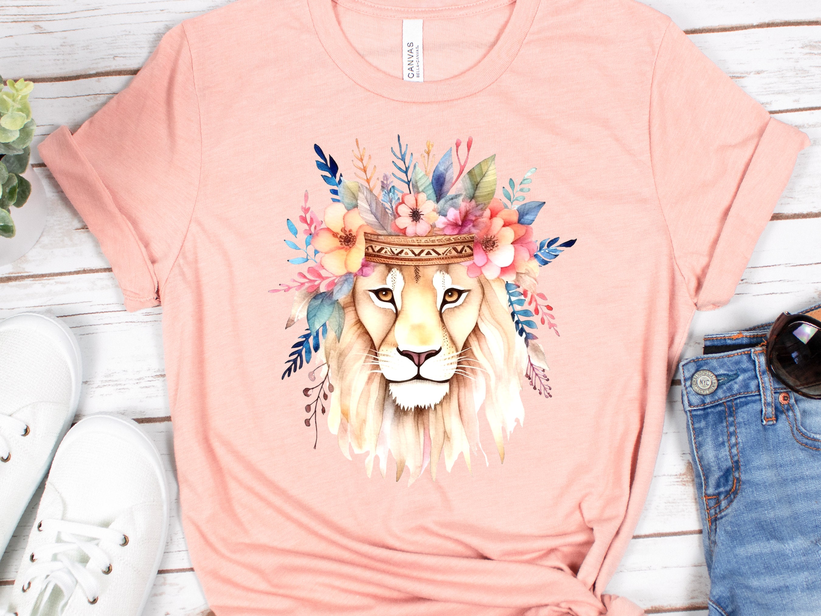 Boho Lion Shirt with Flower Crown Leo Floral Headdress Watercolour T-Shirt Boho Style Feminine Modern Bohemian Tee King of the Jungle Animal - View 8