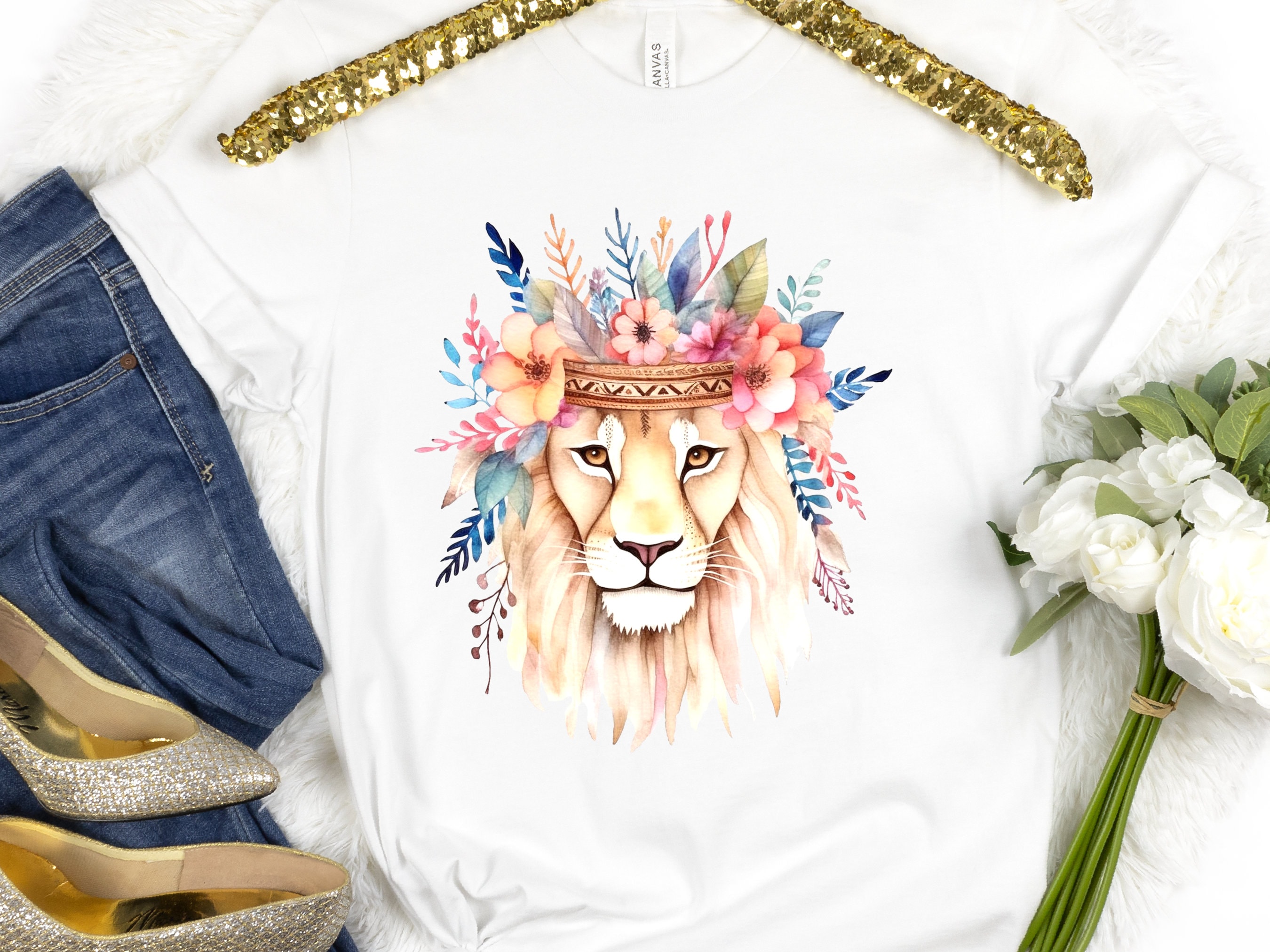 Boho Lion Shirt with Flower Crown Leo Floral Headdress Watercolour T-Shirt Boho Style Feminine Modern Bohemian Tee King of the Jungle Animal - View 4