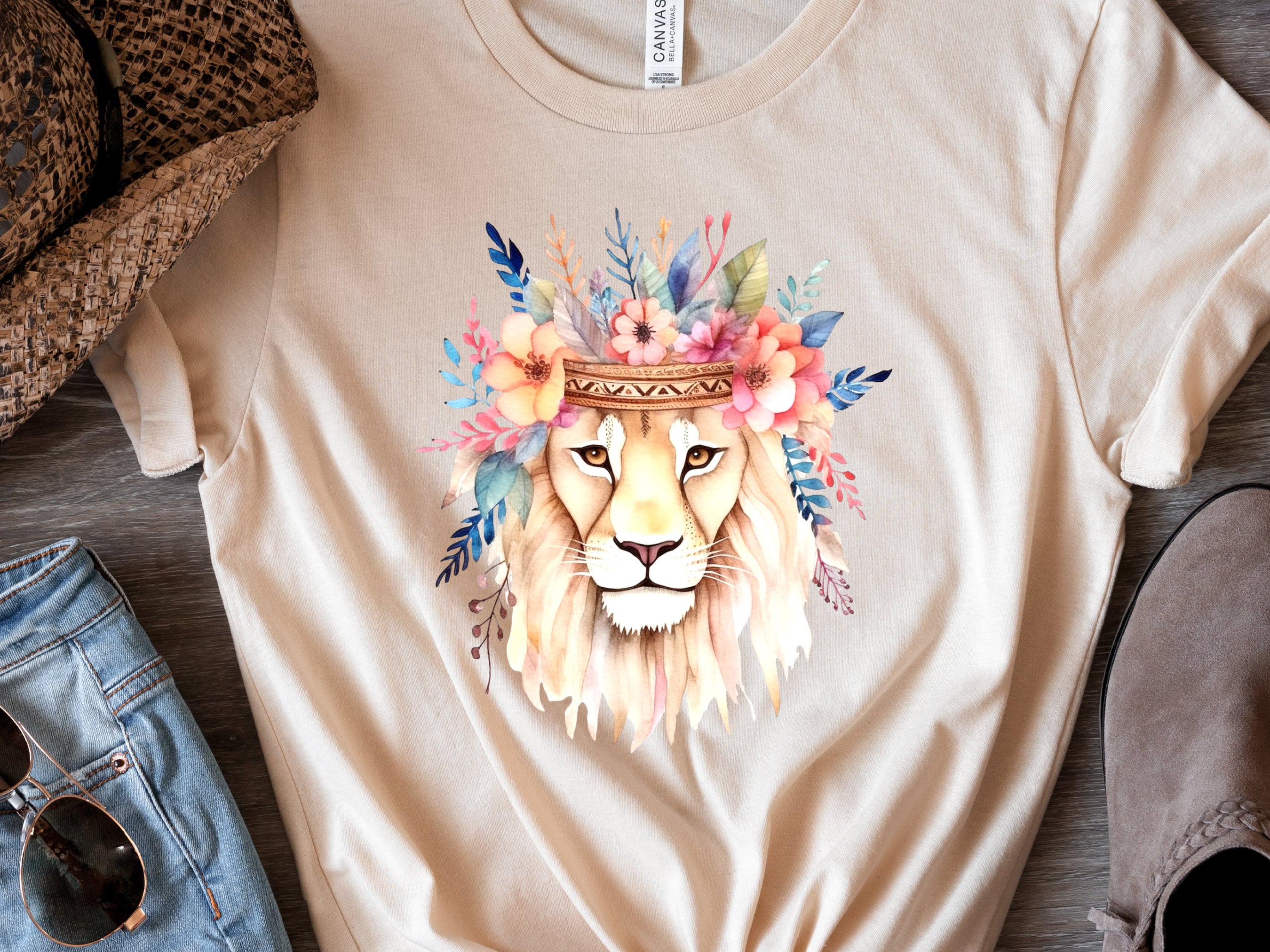 Boho Lion Shirt with Flower Crown Leo Floral Headdress Watercolour T-Shirt Boho Style Feminine Modern Bohemian Tee King of the Jungle Animal - View 3