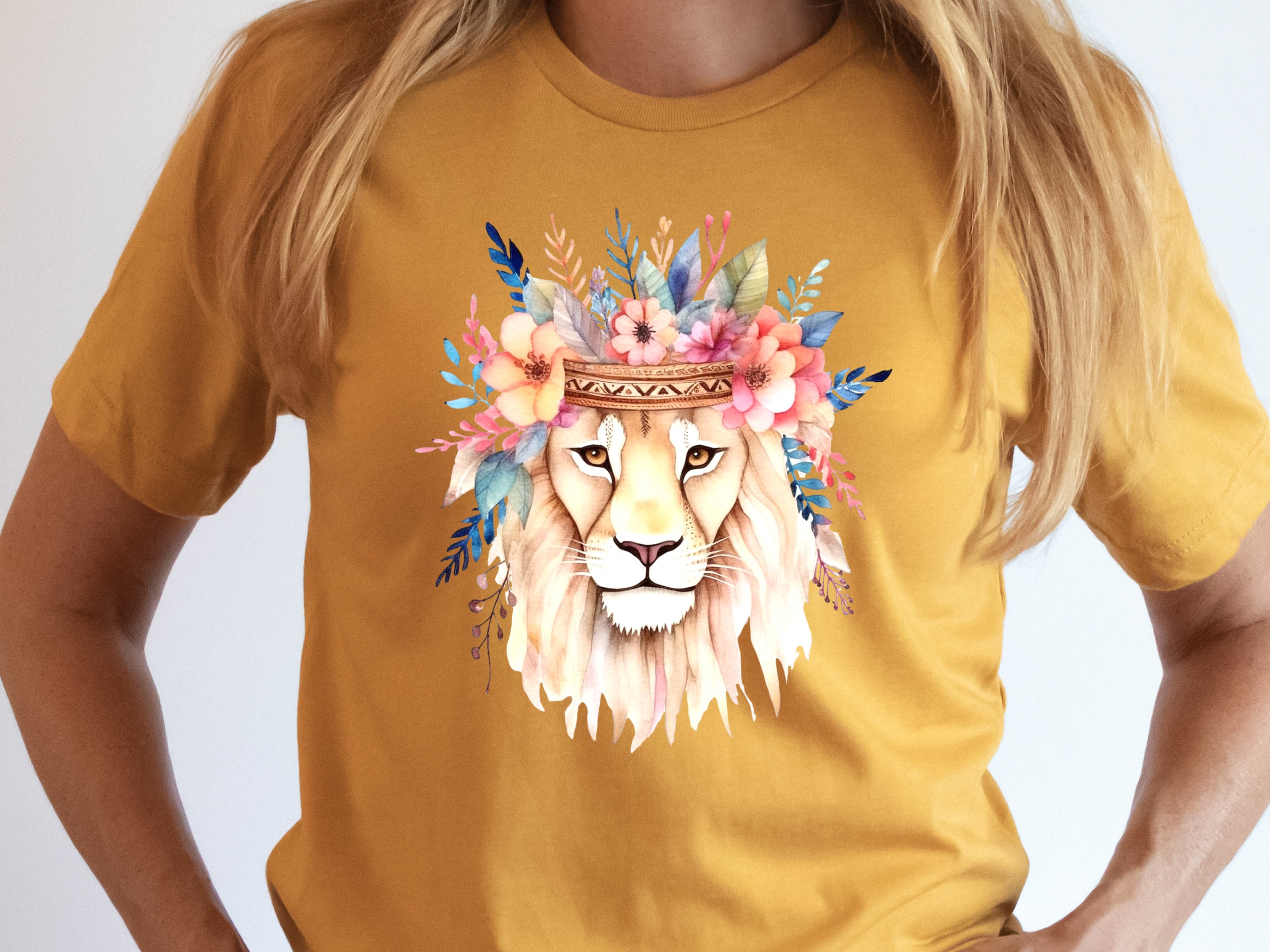 Boho Lion Shirt with Flower Crown Leo Floral Headdress Watercolour T-Shirt Boho Style Feminine Modern Bohemian Tee King of the Jungle Animal - View 5