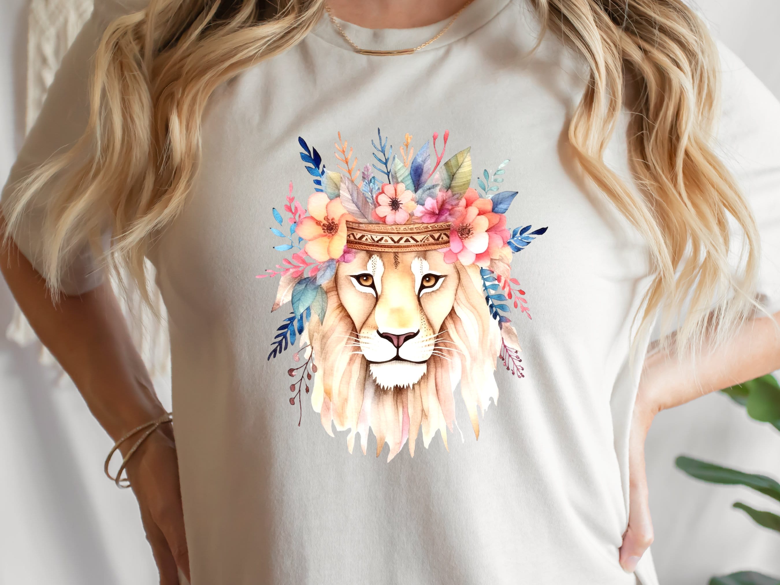Boho Lion Shirt with Flower Crown Leo Floral Headdress Watercolour T-Shirt Boho Style Feminine Modern Bohemian Tee King of the Jungle Animal - View 6