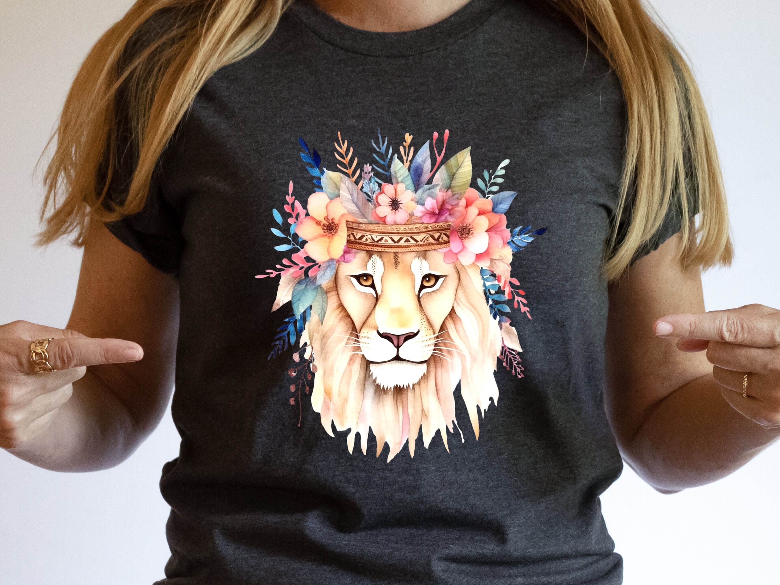 Boho Lion Shirt with Flower Crown Leo Floral Headdress Watercolour T-Shirt Boho Style Feminine Modern Bohemian Tee King of the Jungle Animal - View 2