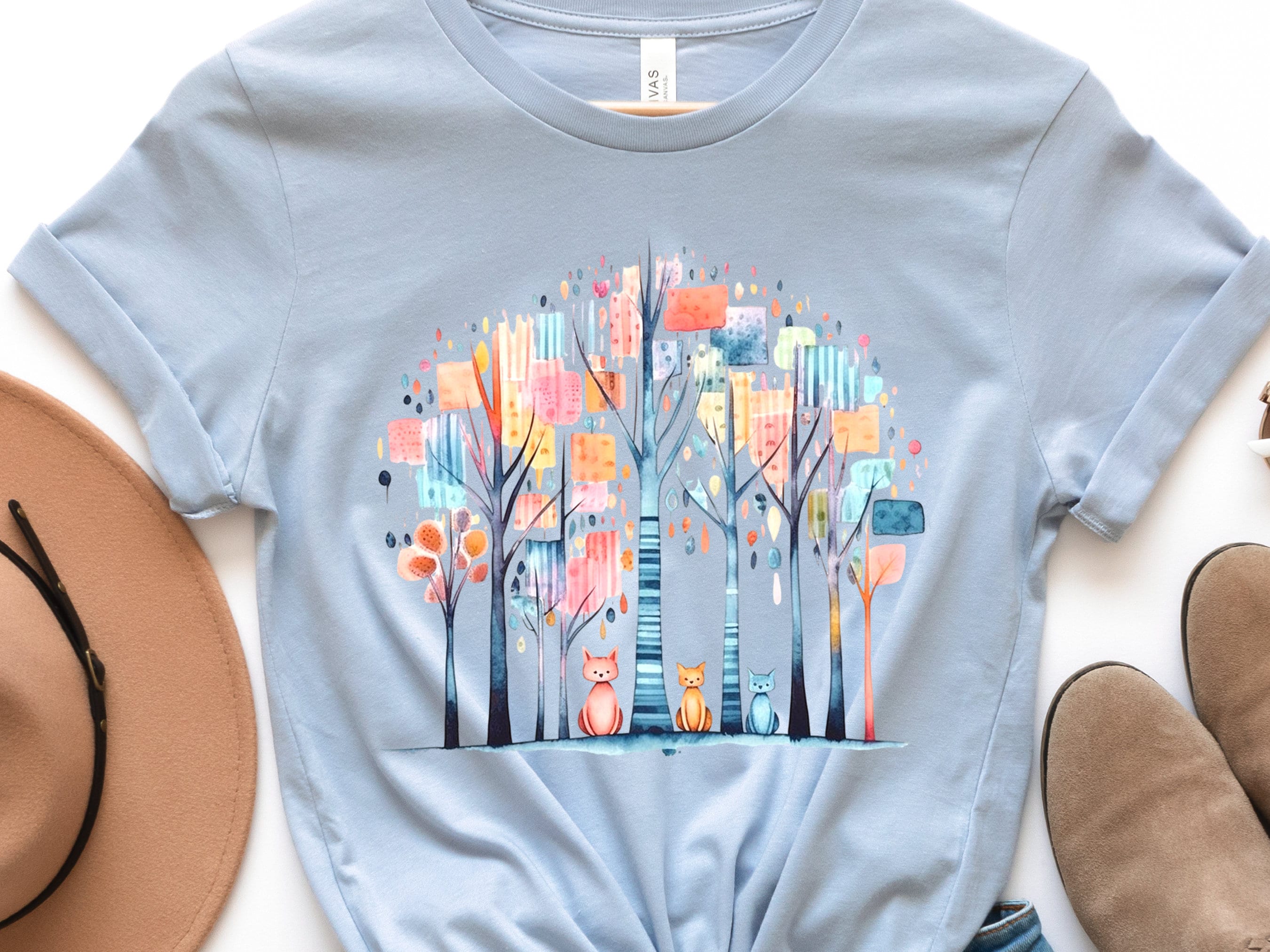 Abstract Cats Shirt Modern Watercolour Cat Family Tree Mom Owner Gift Colourful Forest Trees T-Shirt Illustration Blue Red Yellow Cotton Tee - View 3