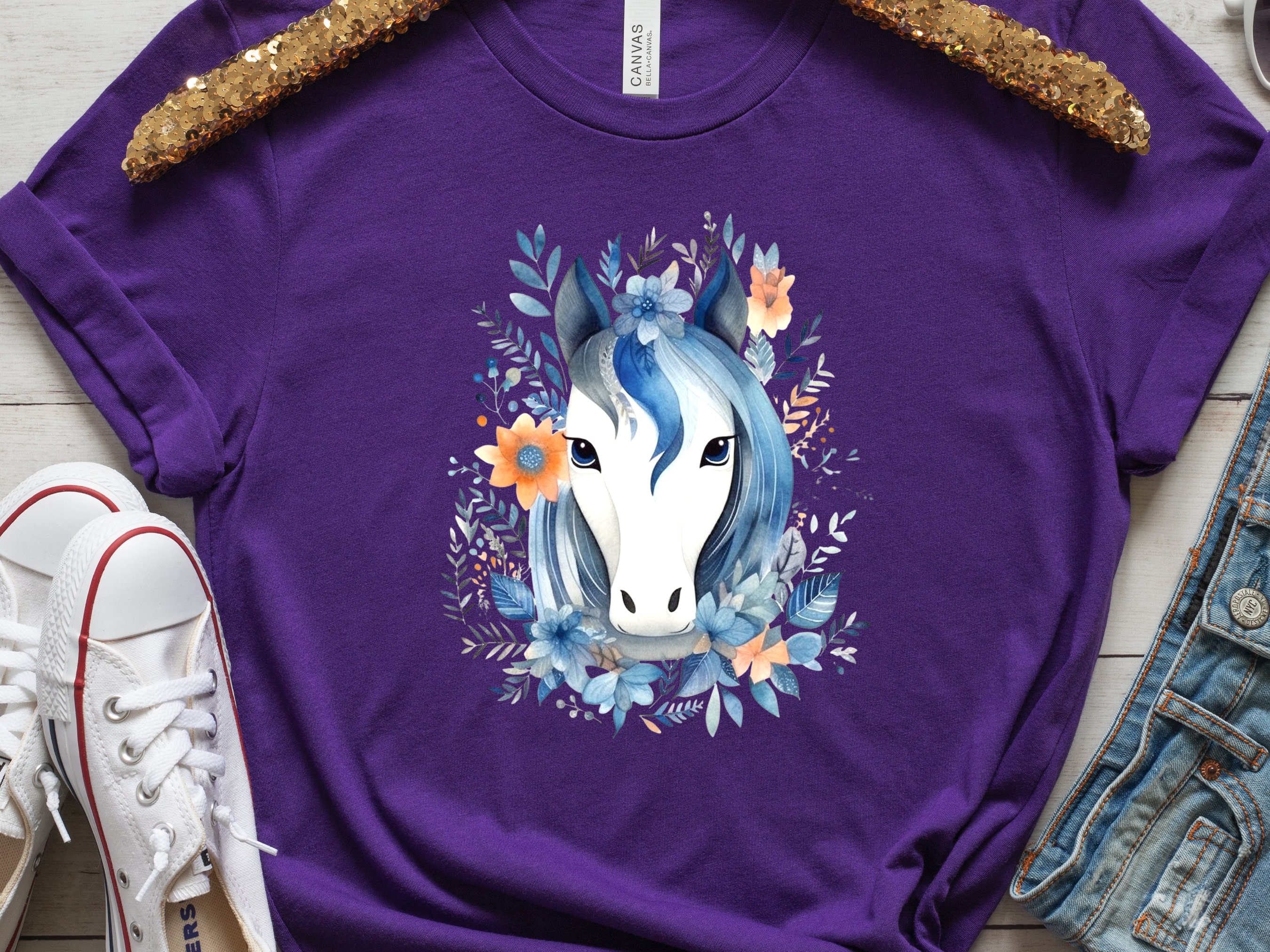 Boho Horse Shirt with Floral Design Flowers Leaves T-shirt Coral Orange Blue Horsey Lovers Riders Gift Watercolour Bohemian Illustration Tee - View 8