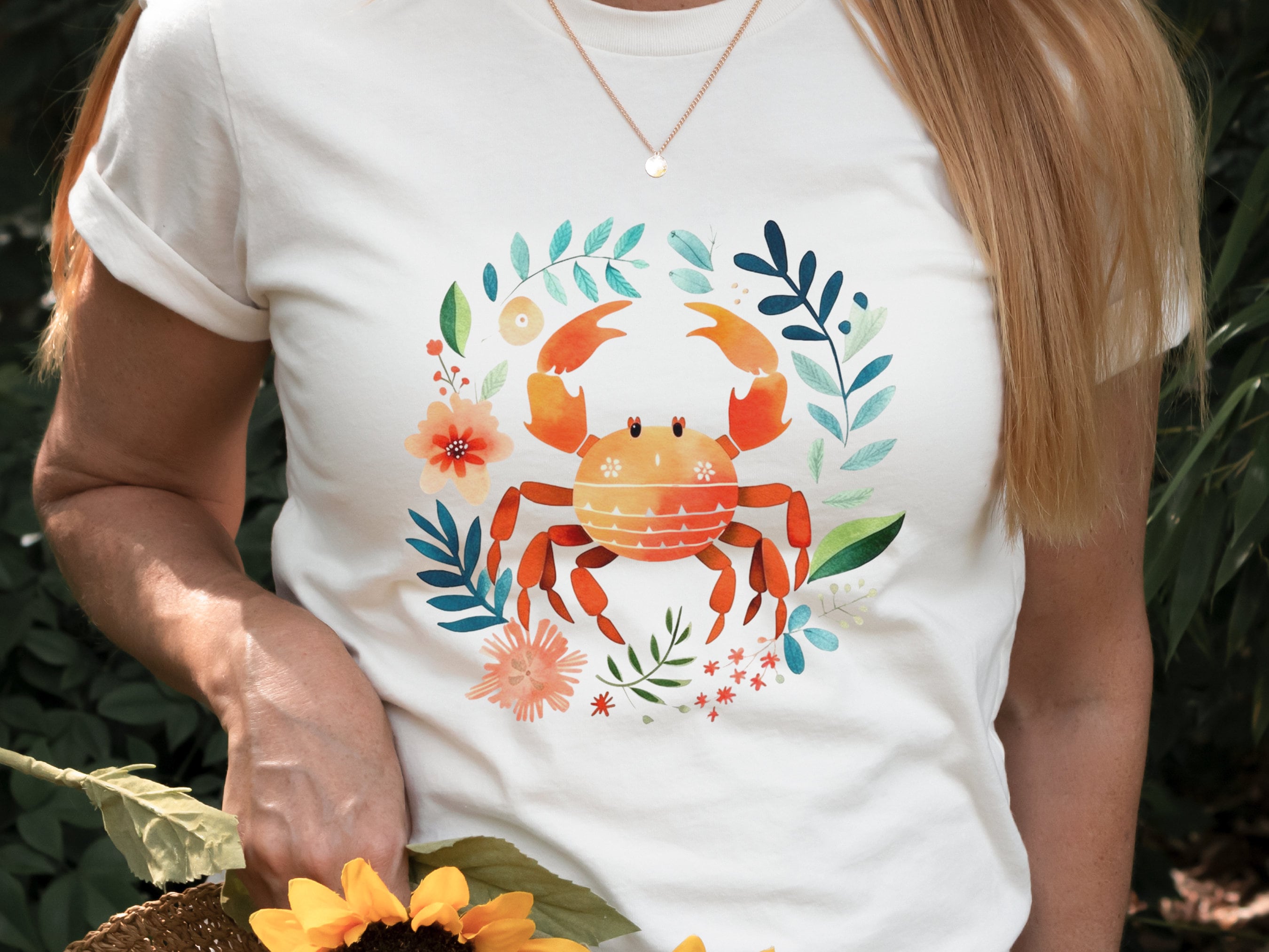 Crab T-shirt Cancer Zodiac Shirt July Birthday Gift for Her Cute Astrology Star Sign Tee Orange Blue Beach Summer Holiday Vacation Seaside - View 5