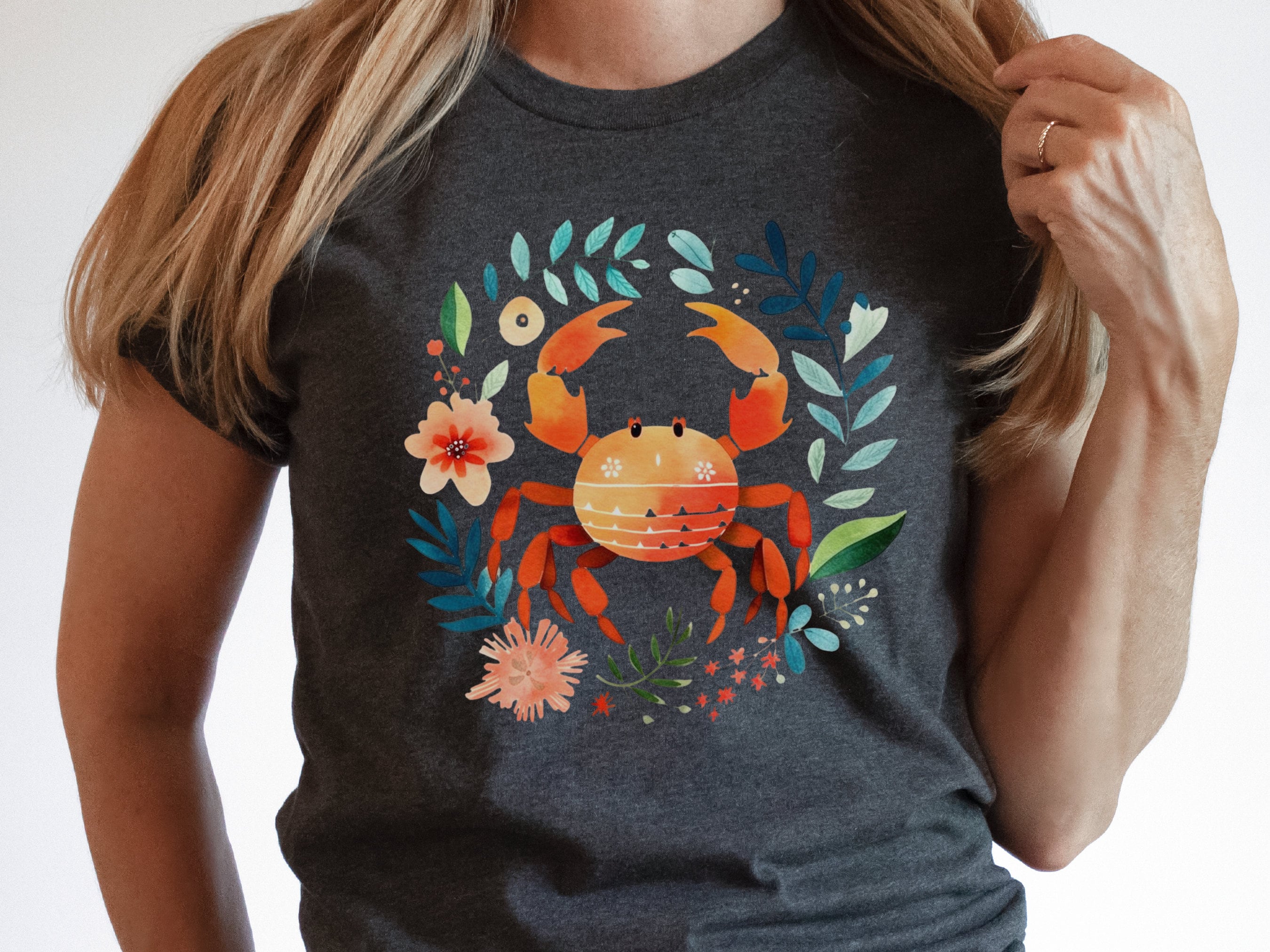 Crab T-shirt Cancer Zodiac Shirt July Birthday Gift for Her Cute Astrology Star Sign Tee Orange Blue Beach Summer Holiday Vacation Seaside - View 3
