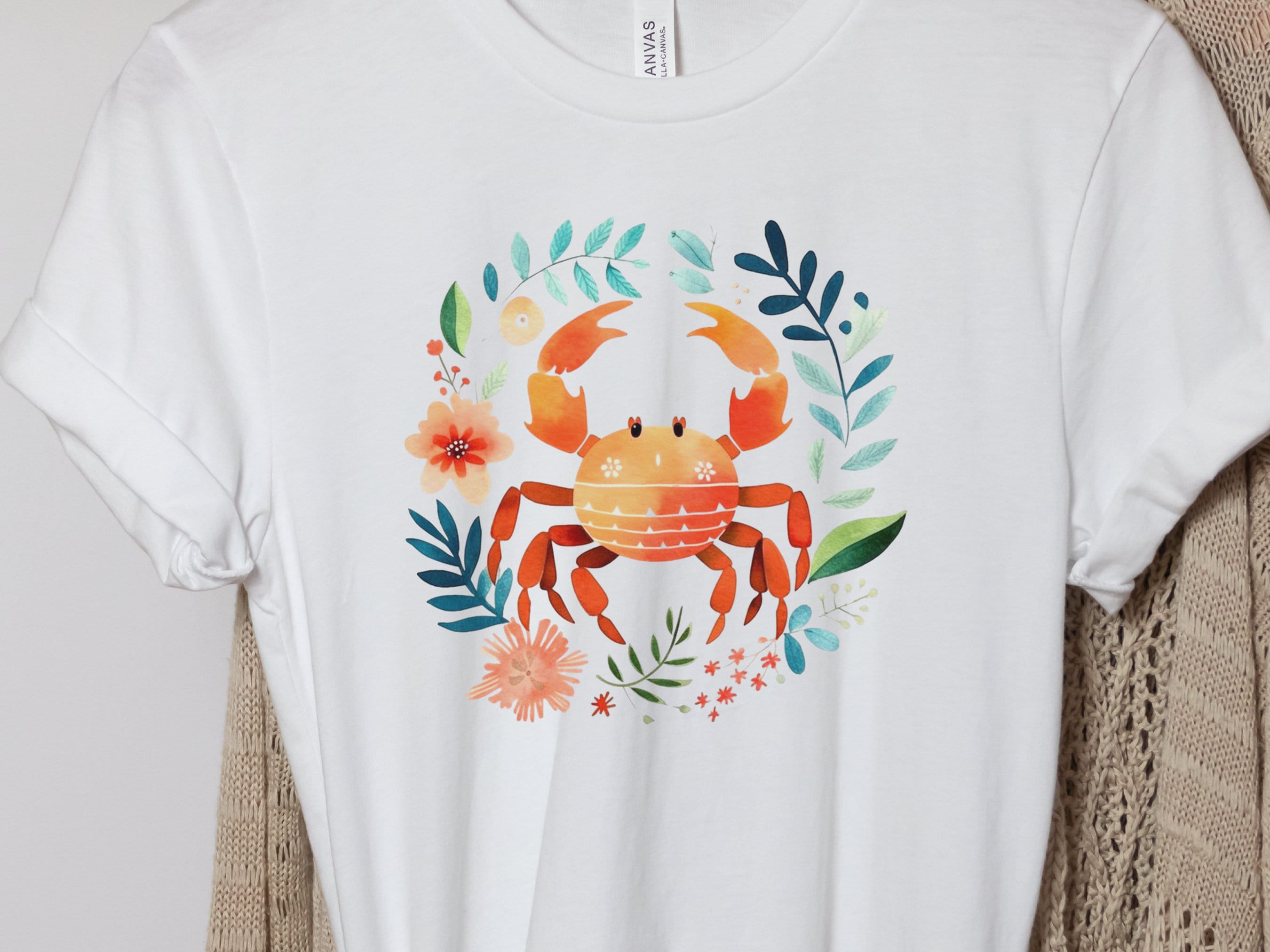 Crab T-shirt Cancer Zodiac Shirt July Birthday Gift for Her Cute Astrology Star Sign Tee Orange Blue Beach Summer Holiday Vacation Seaside - View 4