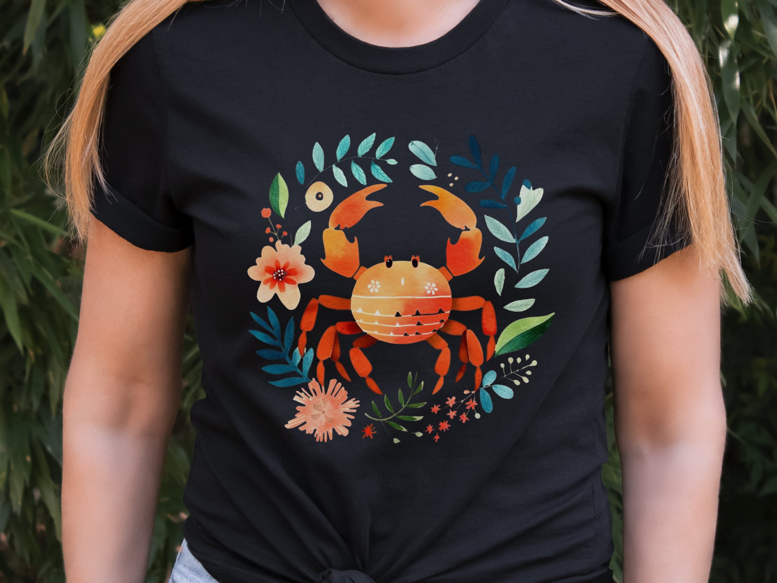 Crab T-shirt Cancer Zodiac Shirt July Birthday Gift for Her Cute Astrology Star Sign Tee Orange Blue Beach Summer Holiday Vacation Seaside - View 2