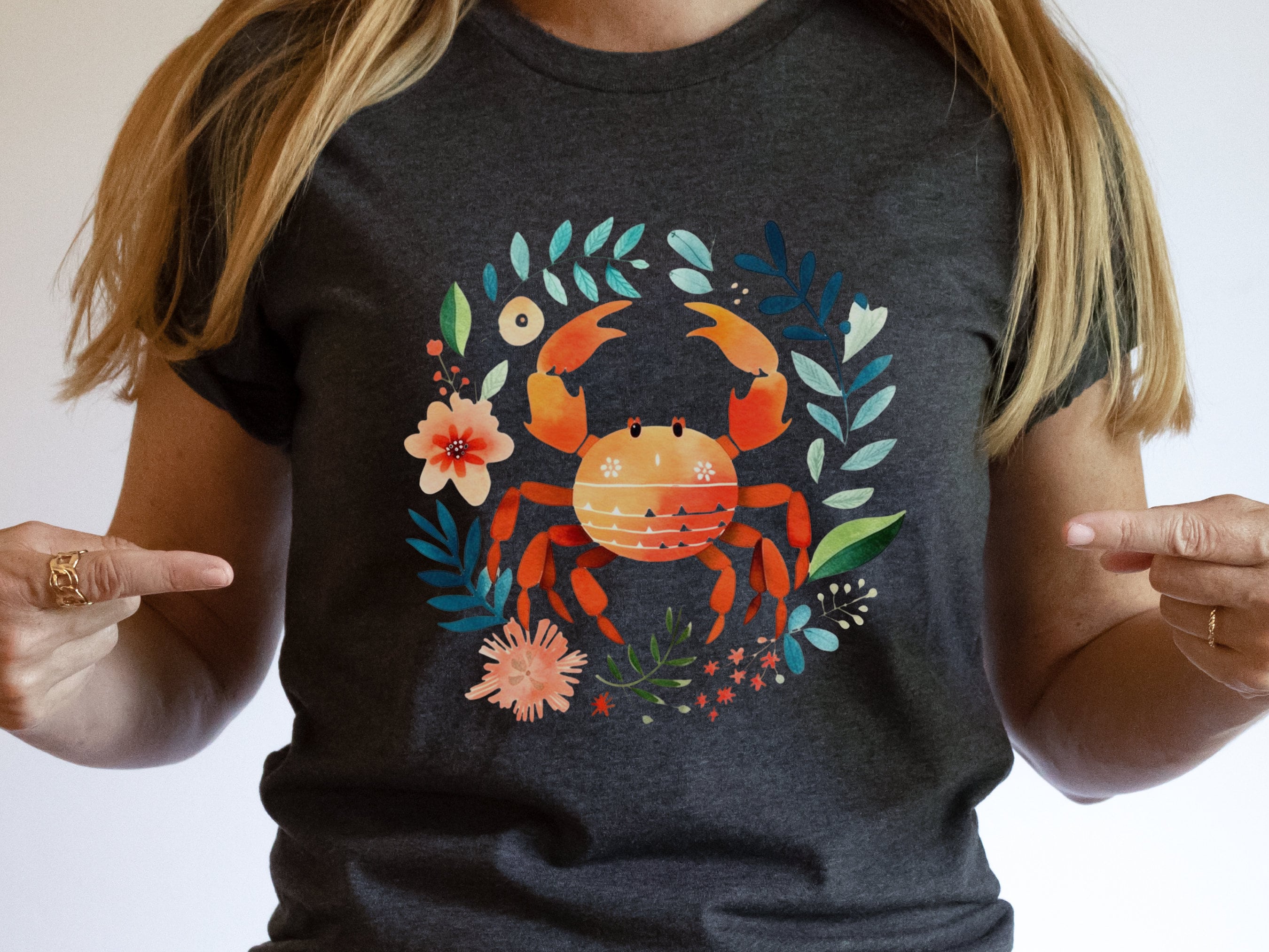 Crab T-shirt Cancer Zodiac Shirt July Birthday Gift for Her Cute Astrology Star Sign Tee Orange Blue Beach Summer Holiday Vacation Seaside - View 8