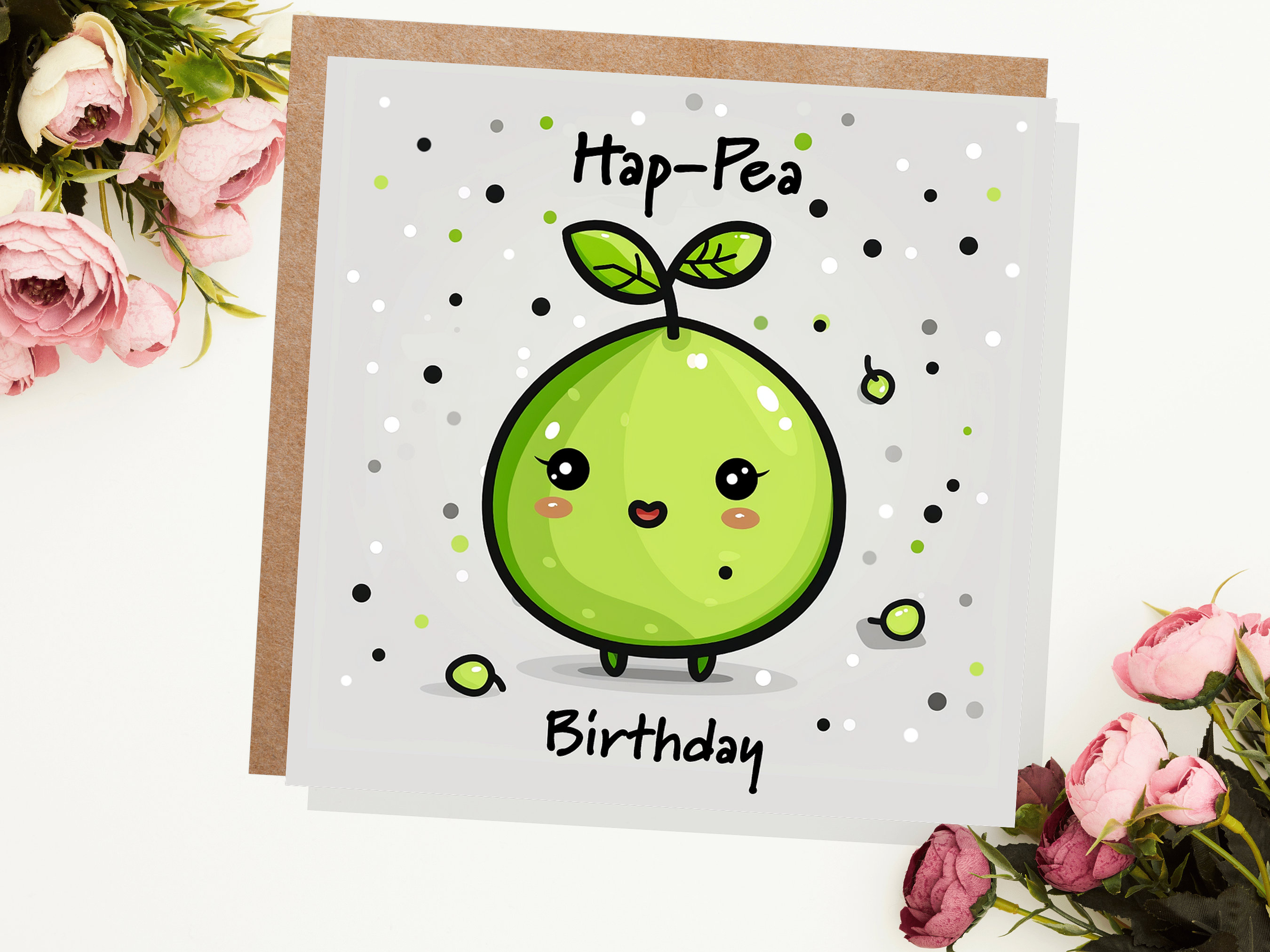 Hap-Pea Birthday Pun Card Happy Cartoon Pea Punny Funny Humour Cute Kawaii Joke Folded Greeting Cards Food for Him Her Husband Best Friend - View 3