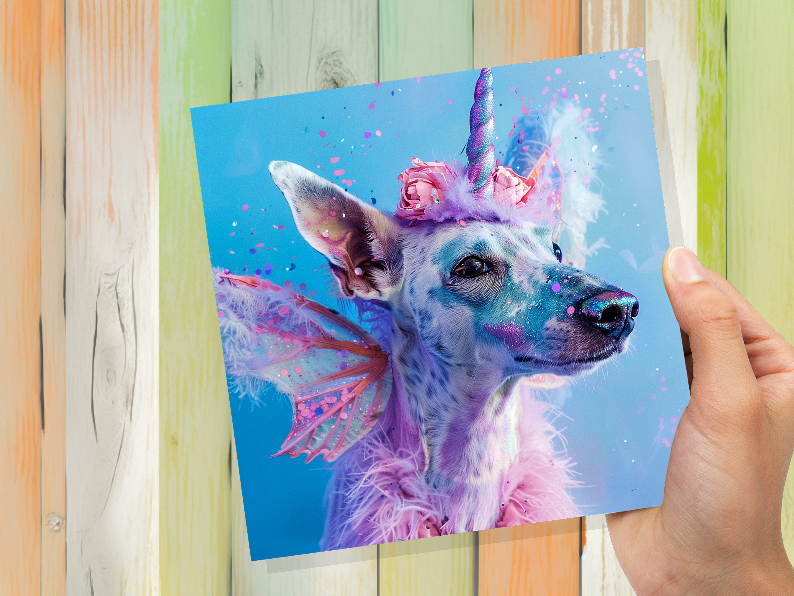 Dogicorn Birthday Card Magical Fantasy Unicorn Dog Rainbow Pink Blue Whimsical Cute Fancy Dress Party Invites Butterfly Fairy Wings Silly - View 9