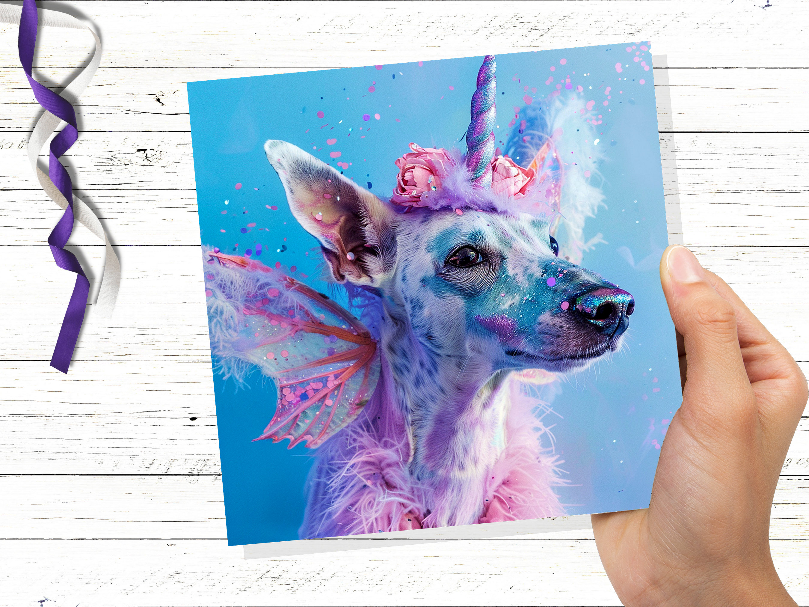 Dogicorn Birthday Card Magical Fantasy Unicorn Dog Rainbow Pink Blue Whimsical Cute Fancy Dress Party Invites Butterfly Fairy Wings Silly