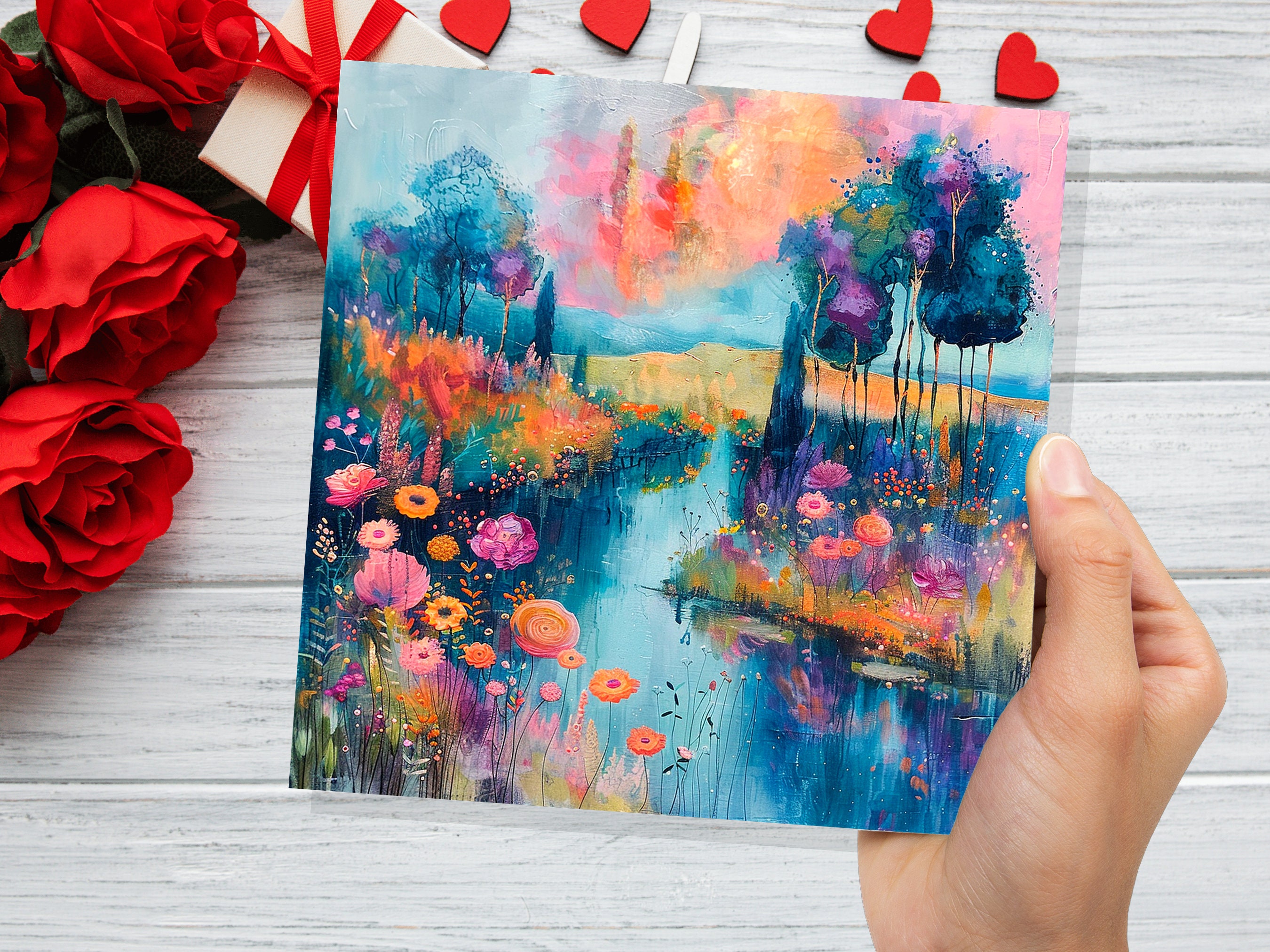 Dreamy River Bank Scene Card Vibrant Colourful Impressionist Flowers Trees Nature Lovers Sunset Colours Fantasy Abstract Art Summer Painting - View 8