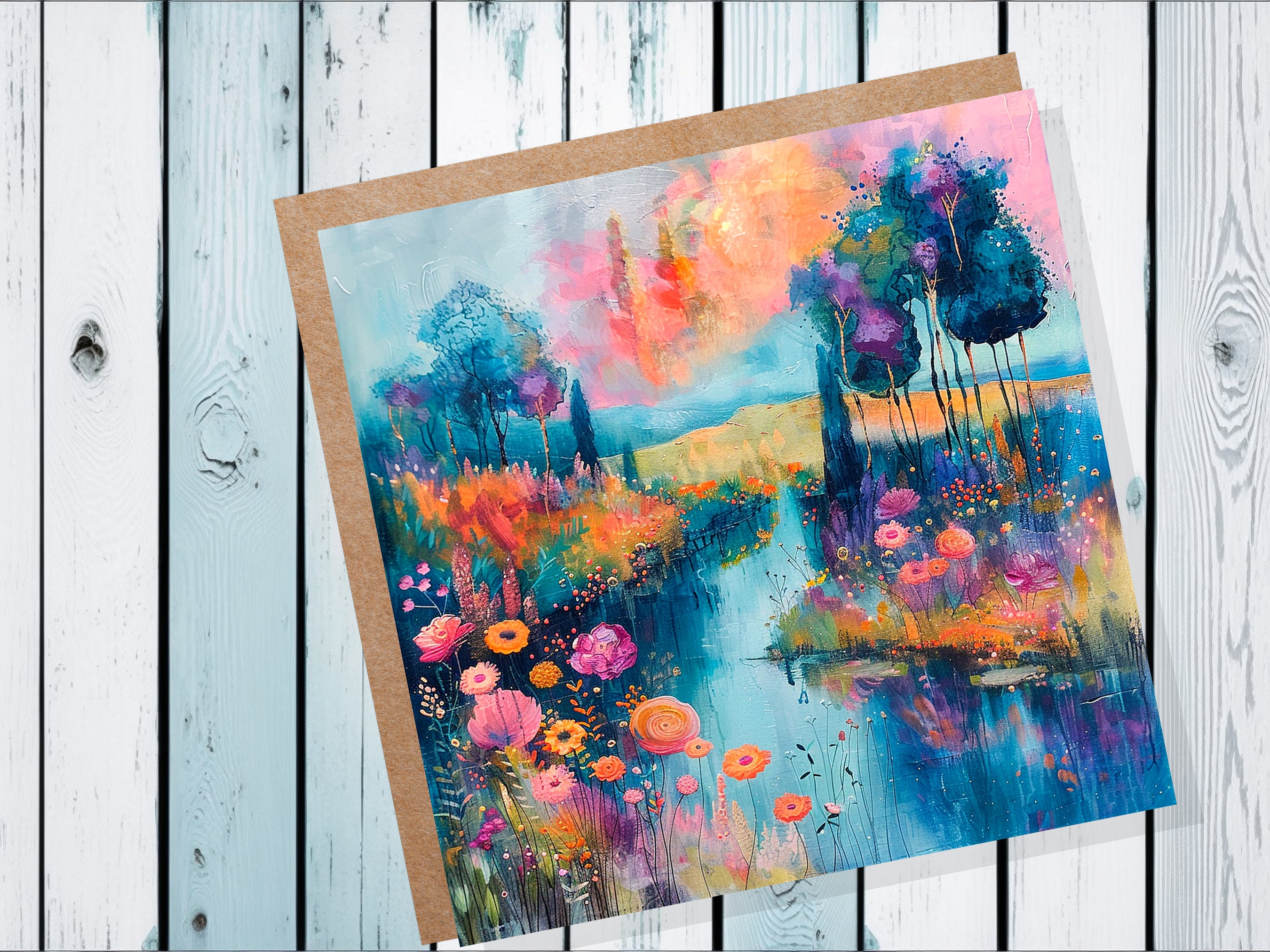 Dreamy River Bank Scene Card Vibrant Colourful Impressionist Flowers Trees Nature Lovers Sunset Colours Fantasy Abstract Art Summer Painting - View 3
