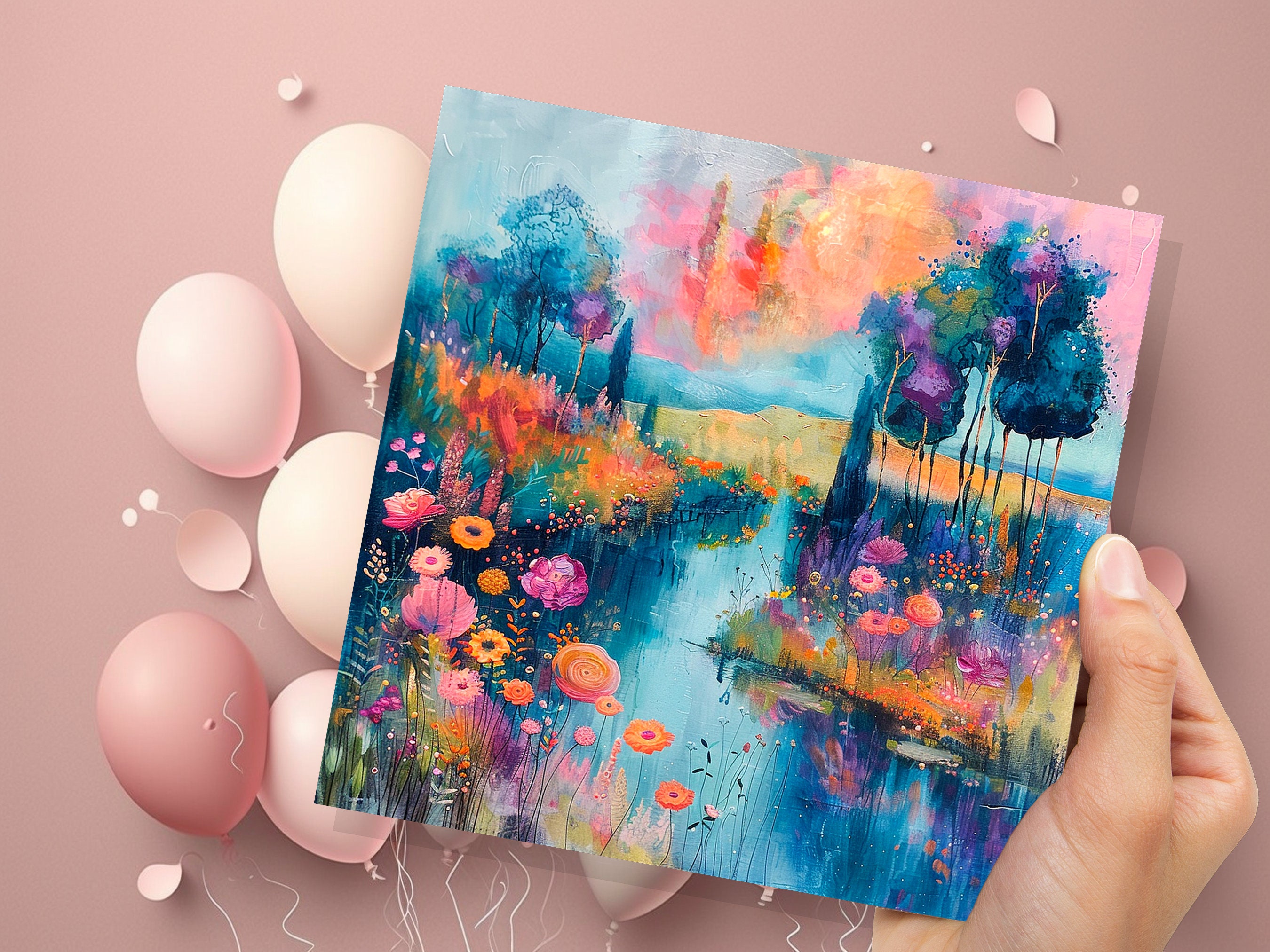 Dreamy River Bank Scene Card Vibrant Colourful Impressionist Flowers Trees Nature Lovers Sunset Colours Fantasy Abstract Art Summer Painting - View 7