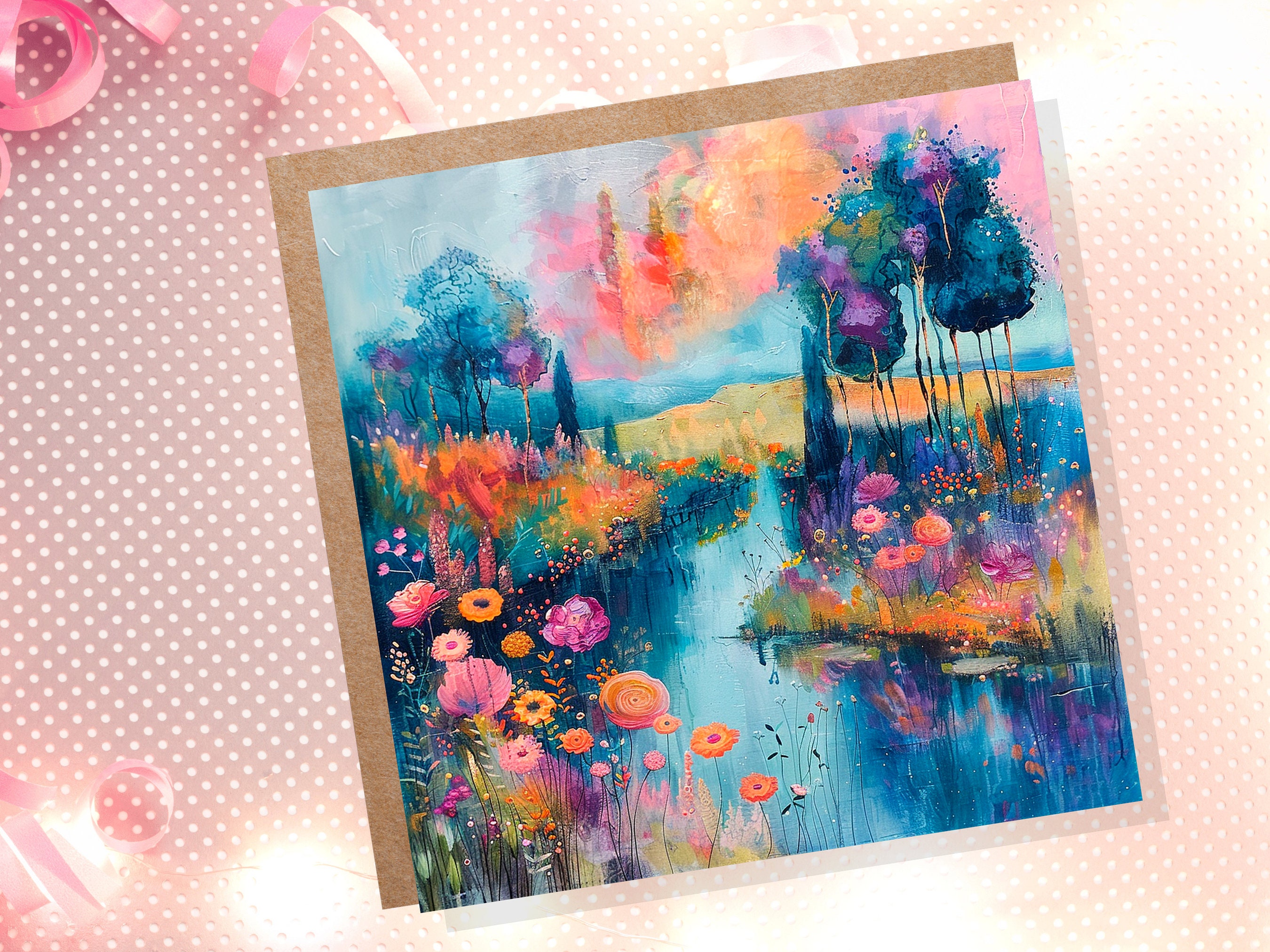 Dreamy River Bank Scene Card Vibrant Colourful Impressionist Flowers Trees Nature Lovers Sunset Colours Fantasy Abstract Art Summer Painting - View 4